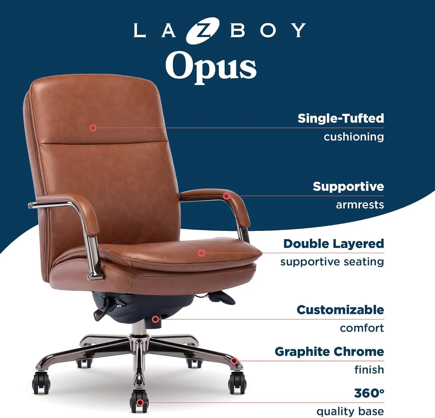 La-Z-Boy Opus Executive Mid-Back Office Chair, Channel-Tufted Seat and Back, Double-Layer Cushion, Padded Arms, Ergonomic Computer Desk Chair, Swivel Metal Base, Bonded Leather, Cognac and Graphite