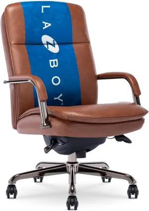 La-Z-Boy Opus Executive Mid-Back Office Chair, Channel-Tufted Seat and Back, Double-Layer Cushion, Padded Arms, Ergonomic Computer Desk Chair, Swivel Metal Base, Bonded Leather, Cognac and Graphite