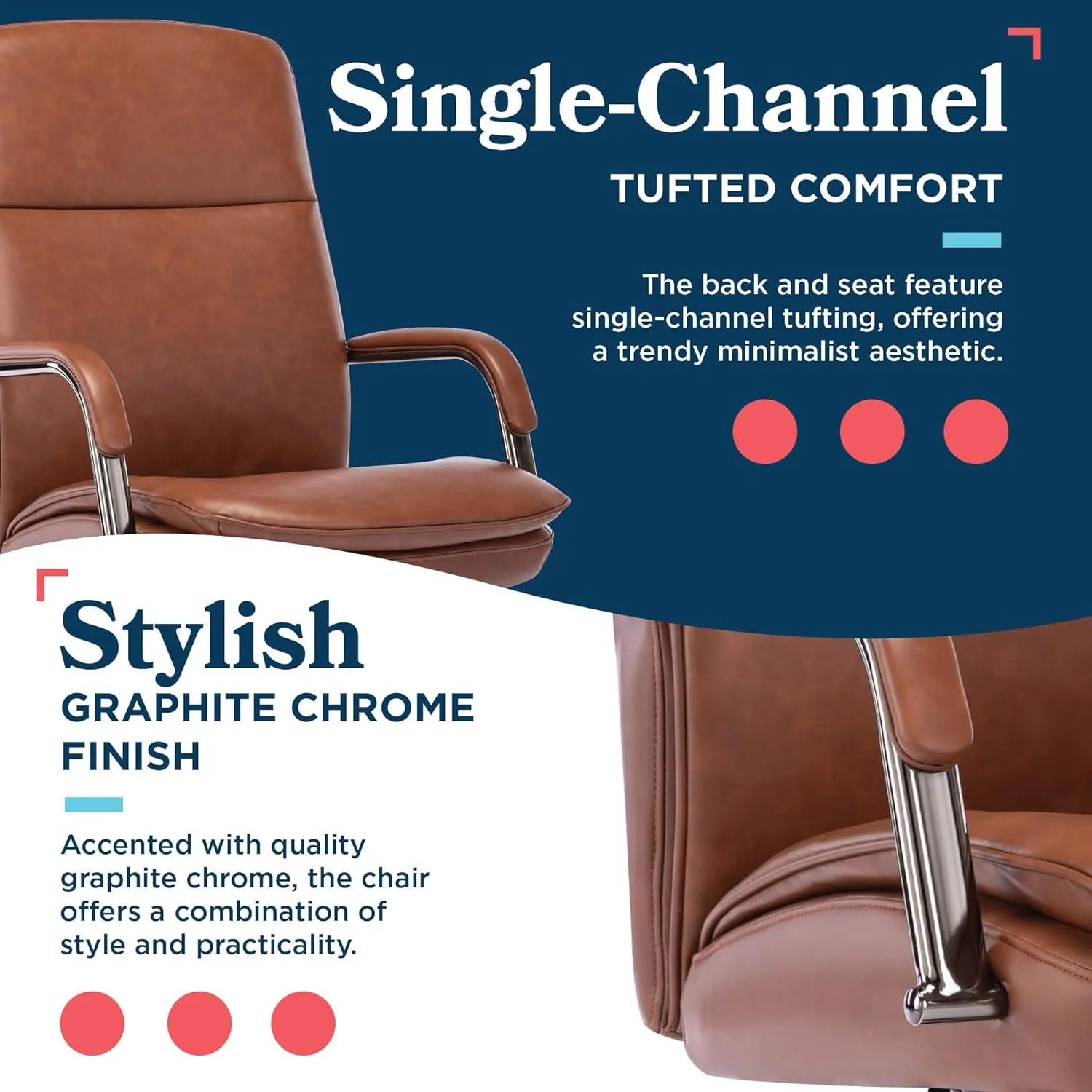 La-Z-Boy Opus Executive Mid-Back Office Chair, Channel-Tufted Seat and Back, Double-Layer Cushion, Padded Arms, Ergonomic Computer Desk Chair, Swivel Metal Base, Bonded Leather, Cognac and Graphite