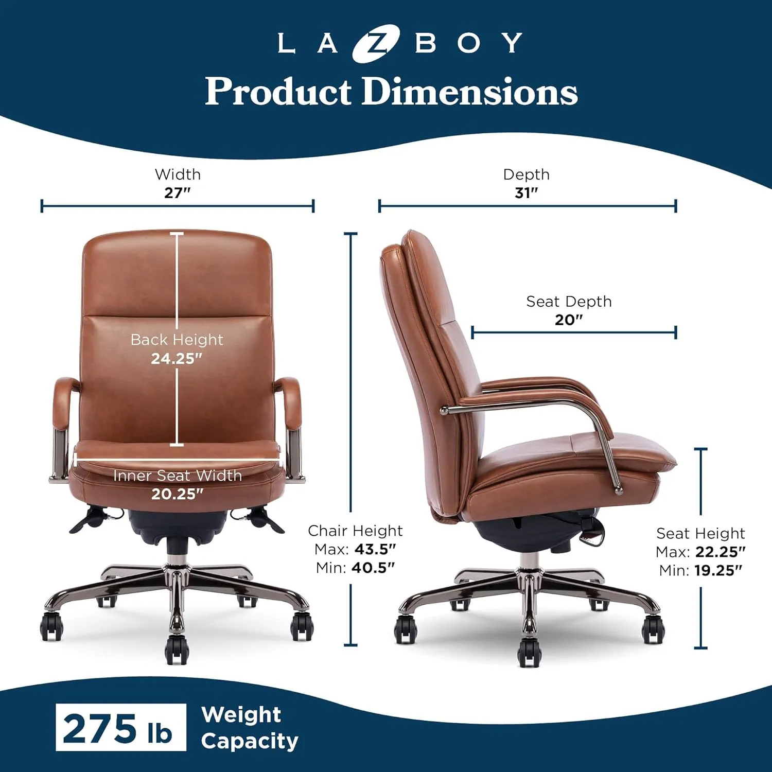 La-Z-Boy Opus Executive Mid-Back Office Chair, Channel-Tufted Seat and Back, Double-Layer Cushion, Padded Arms, Ergonomic Computer Desk Chair, Swivel Metal Base, Bonded Leather, Cognac and Graphite