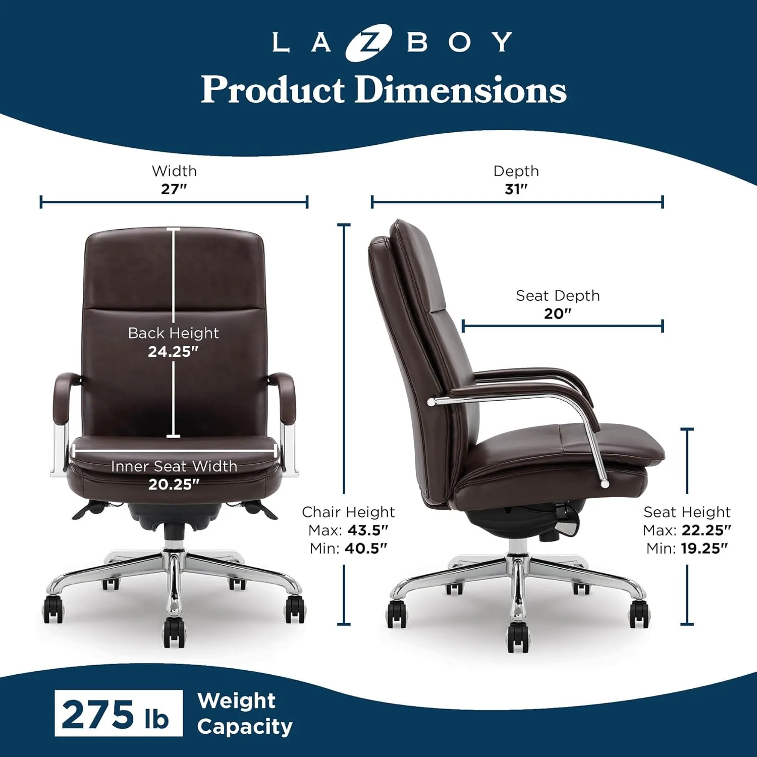 La-Z-Boy Opus Executive Mid-Back Office Chair, Channel-Tufted Seat and Back, Double-Layer Cushion, Padded Arms, Ergonomic Computer Desk Chair, Swivel Metal Base, Bonded Leather, Dark Brown and Chrome