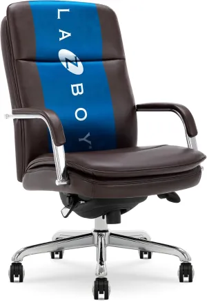 La-Z-Boy Opus Executive Mid-Back Office Chair, Channel-Tufted Seat and Back, Double-Layer Cushion, Padded Arms, Ergonomic Computer Desk Chair, Swivel Metal Base, Bonded Leather, Dark Brown and Chrome