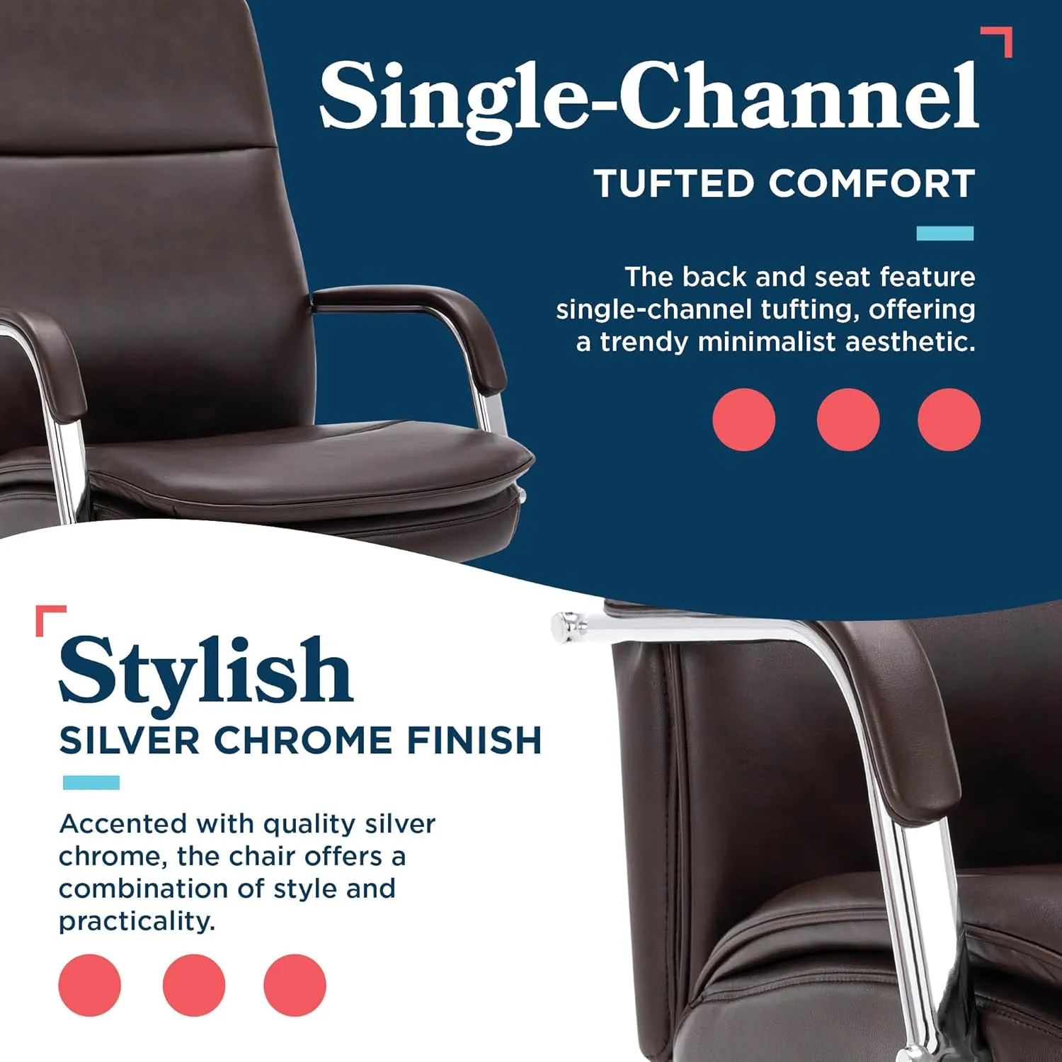 La-Z-Boy Opus Executive Mid-Back Office Chair, Channel-Tufted Seat and Back, Double-Layer Cushion, Padded Arms, Ergonomic Computer Desk Chair, Swivel Metal Base, Bonded Leather, Dark Brown and Chrome