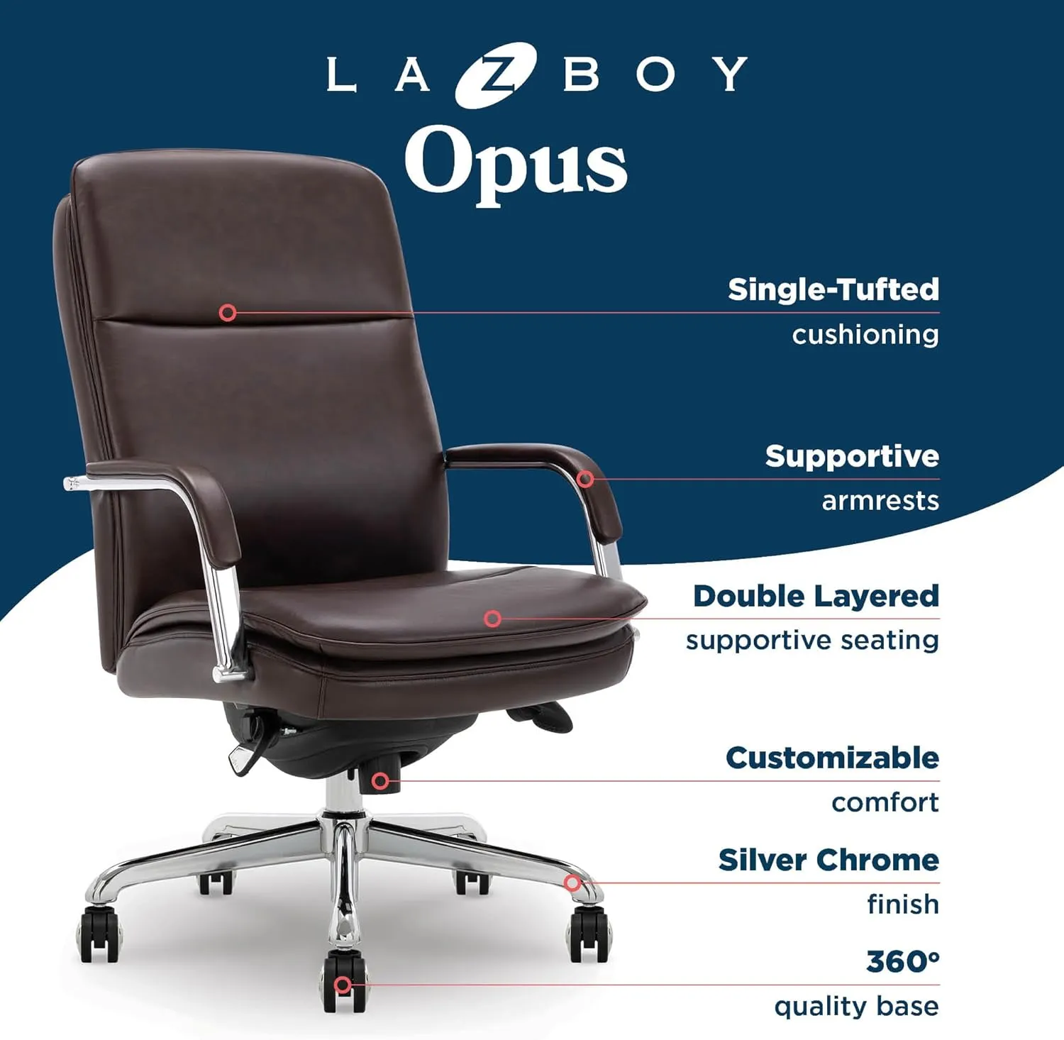 La-Z-Boy Opus Executive Mid-Back Office Chair, Channel-Tufted Seat and Back, Double-Layer Cushion, Padded Arms, Ergonomic Computer Desk Chair, Swivel Metal Base, Bonded Leather, Dark Brown and Chrome