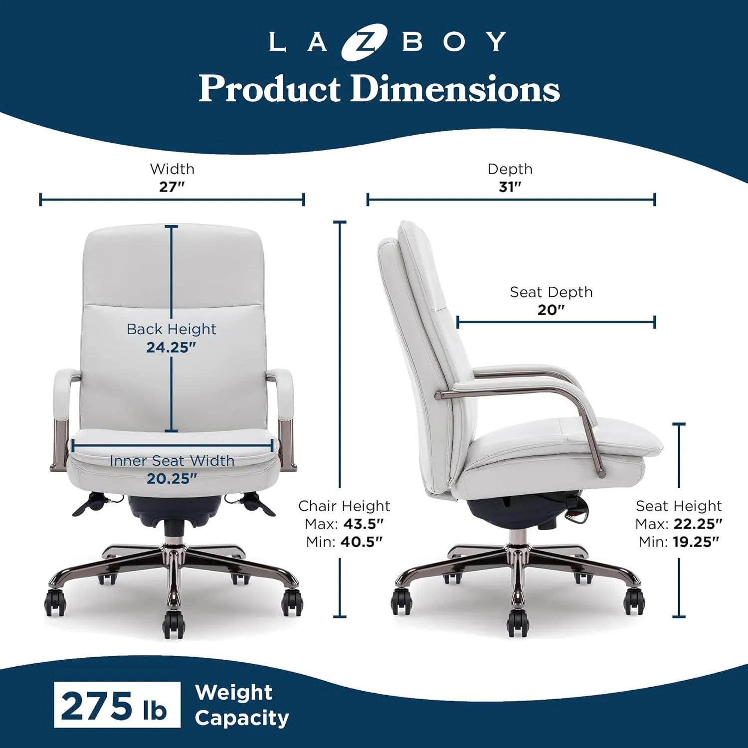La-Z-Boy Opus Executive Mid-Back Office Chair, Channel-Tufted Seat and Back, Double-Layer Cushion, Padded Arms, Ergonomic Computer Desk Chair, Swivel Metal Base, Bonded Leather, Gray and Graphite