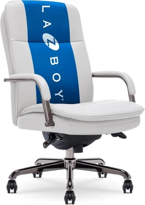 La-Z-Boy Opus Executive Mid-Back Office Chair, Channel-Tufted Seat and Back, Double-Layer Cushion, Padded Arms, Ergonomic Computer Desk Chair, Swivel Metal Base, Bonded Leather, Gray and Graphite