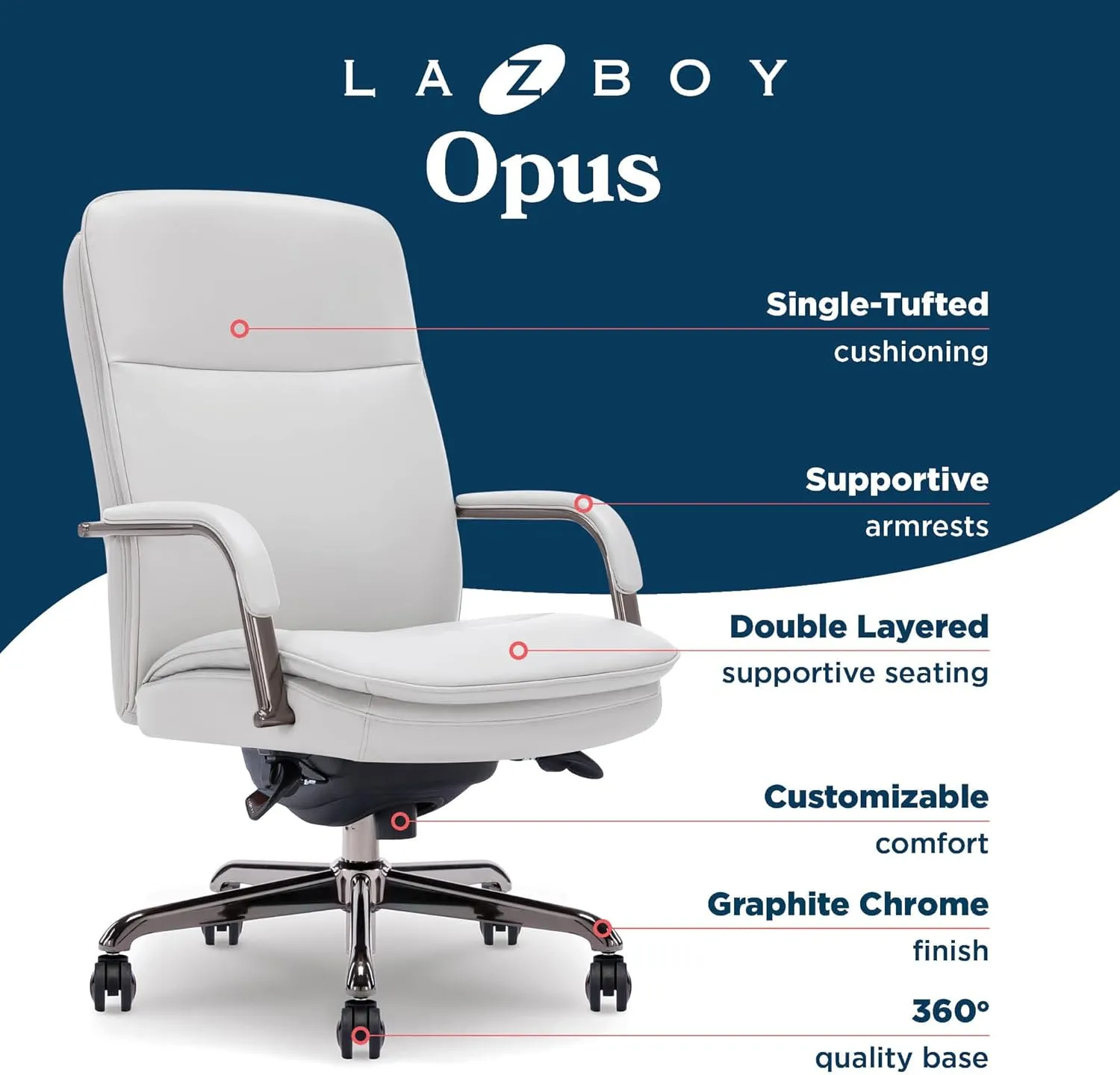 La-Z-Boy Opus Executive Mid-Back Office Chair, Channel-Tufted Seat and Back, Double-Layer Cushion, Padded Arms, Ergonomic Computer Desk Chair, Swivel Metal Base, Bonded Leather, Gray and Graphite