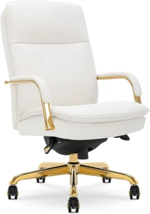 La-Z-Boy Opus Executive Mid-Back Office Chair, Channel-Tufted Seat and Back, Double-Layer Cushion, Padded Arms, Ergonomic Computer Desk Chair, Swivel Metal Base, Bonded Leather, White and Gold