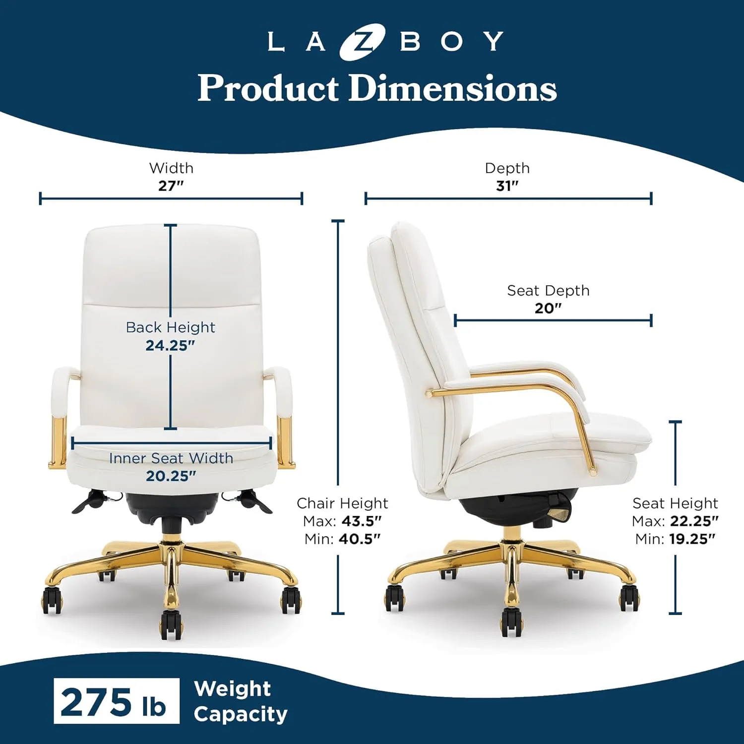 La-Z-Boy Opus Executive Mid-Back Office Chair, Channel-Tufted Seat and Back, Double-Layer Cushion, Padded Arms, Ergonomic Computer Desk Chair, Swivel Metal Base, Bonded Leather, White and Gold
