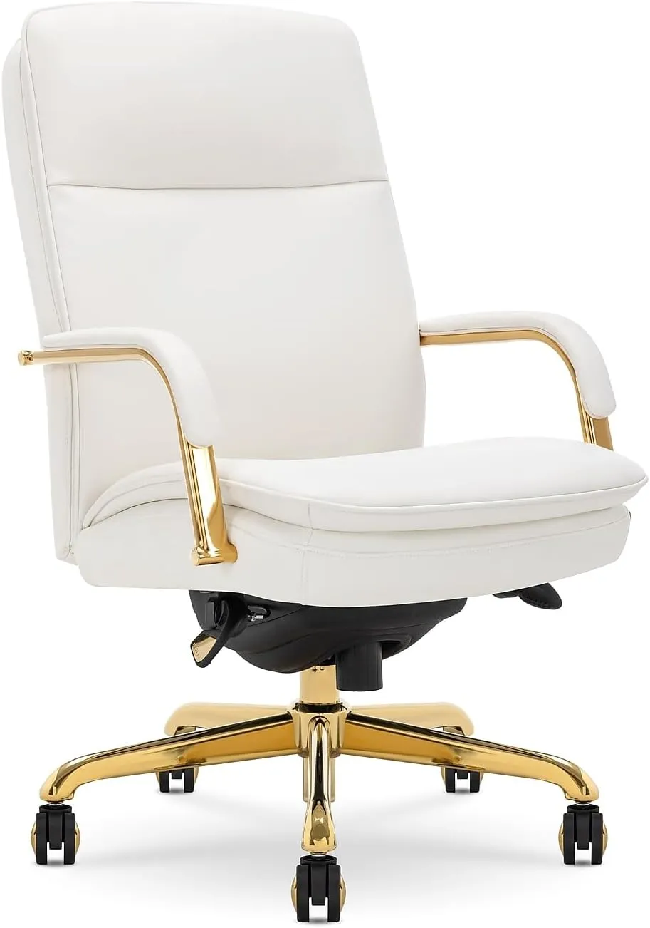 La-Z-Boy Opus Executive Mid-Back Office Chair, Channel-Tufted Seat and Back, Double-Layer Cushion, Padded Arms, Ergonomic Computer Desk Chair, Swivel Metal Base, Bonded Leather, White and Gold