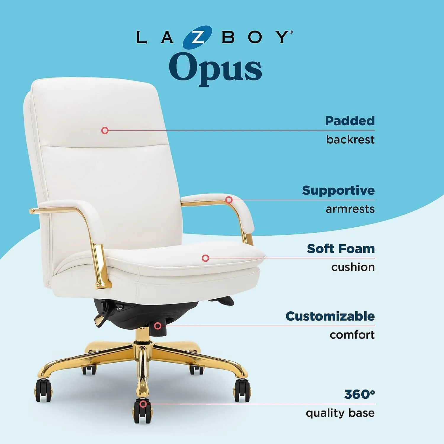 La-Z-Boy Opus Executive Mid-Back Office Chair, Channel-Tufted Seat and Back, Double-Layer Cushion, Padded Arms, Ergonomic Computer Desk Chair, Swivel Metal Base, Bonded Leather, White and Gold