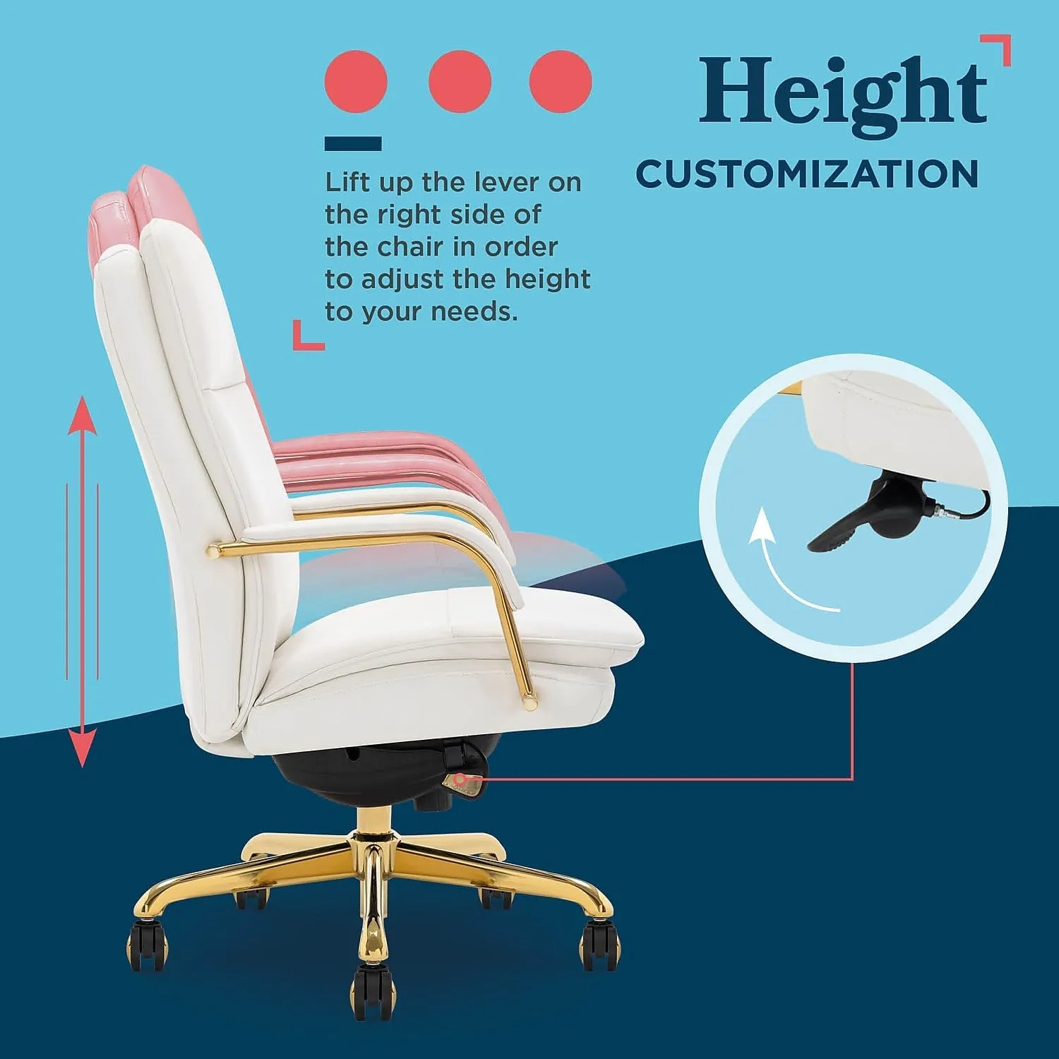 La-Z-Boy Opus Executive Mid-Back Office Chair, Channel-Tufted Seat and Back, Double-Layer Cushion, Padded Arms, Ergonomic Computer Desk Chair, Swivel Metal Base, Bonded Leather, White and Gold