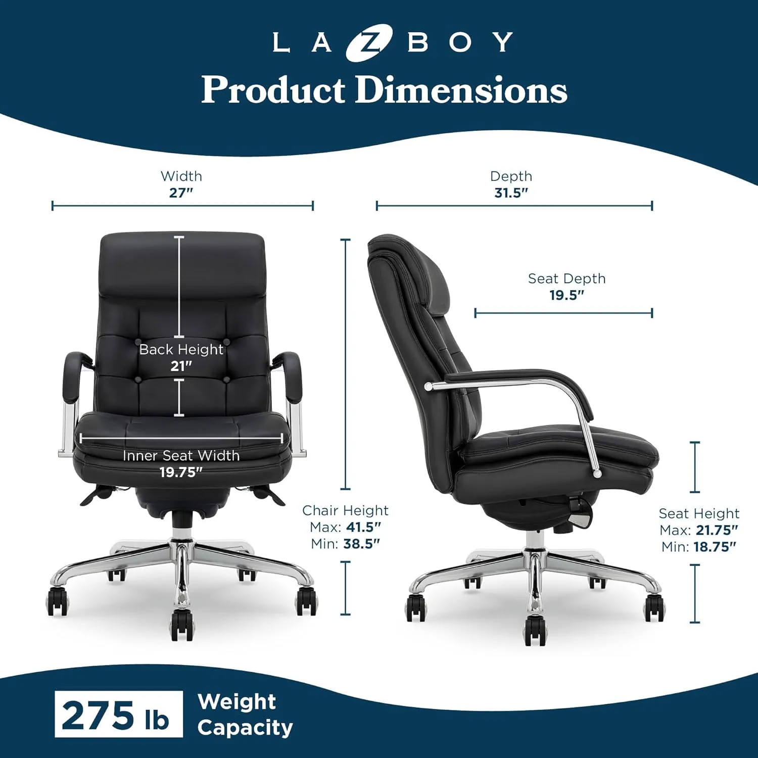 La-Z-Boy® Sonata Executive Mid-Back Office Chair, Button-Tufted Design, Double-Layer Cushion, Padded Armrests, Ergonomic Computer DeskChair, Swivel Metal Base, Bonded Leather, Black and Chrome
