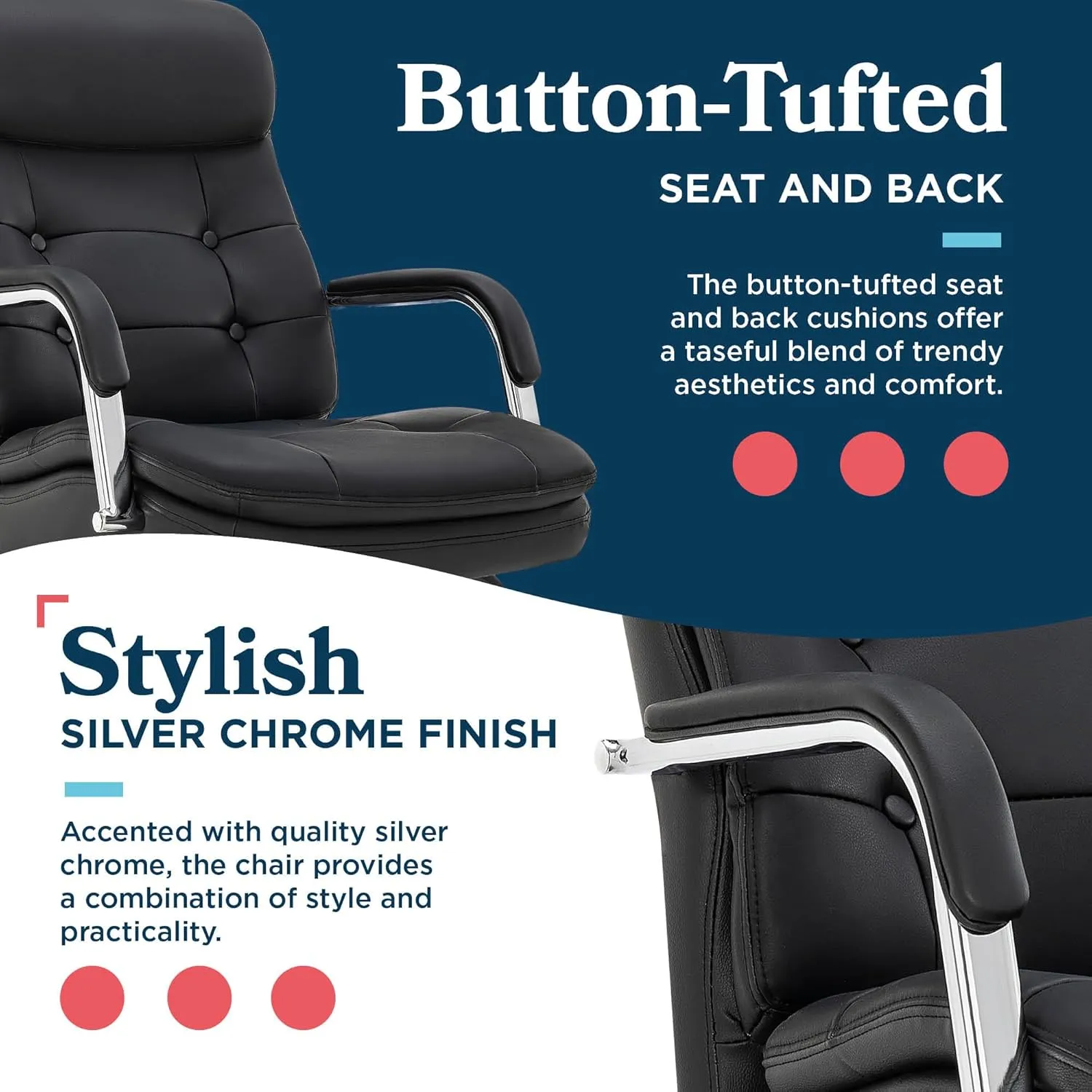La-Z-Boy® Sonata Executive Mid-Back Office Chair, Button-Tufted Design, Double-Layer Cushion, Padded Armrests, Ergonomic Computer DeskChair, Swivel Metal Base, Bonded Leather, Black and Chrome