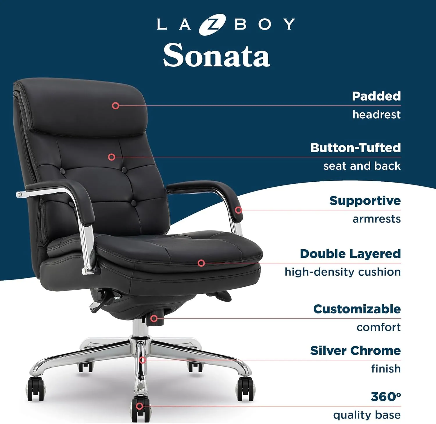 La-Z-Boy® Sonata Executive Mid-Back Office Chair, Button-Tufted Design, Double-Layer Cushion, Padded Armrests, Ergonomic Computer DeskChair, Swivel Metal Base, Bonded Leather, Black and Chrome