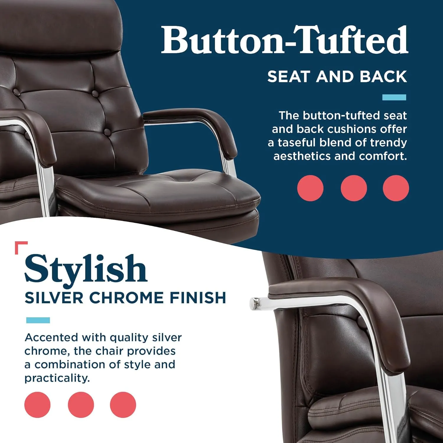 La-Z-Boy® Sonata Executive Mid-Back Office Chair, Button-Tufted Design, Double-Layer Cushion, Padded Armrests, Ergonomic Computer DeskChair, Swivel Metal Base, Bonded Leather, Dark Brown and Chrome