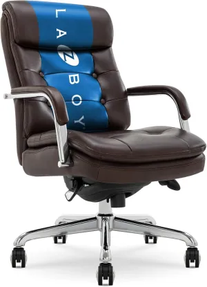 La-Z-Boy® Sonata Executive Mid-Back Office Chair, Button-Tufted Design, Double-Layer Cushion, Padded Armrests, Ergonomic Computer DeskChair, Swivel Metal Base, Bonded Leather, Dark Brown and Chrome