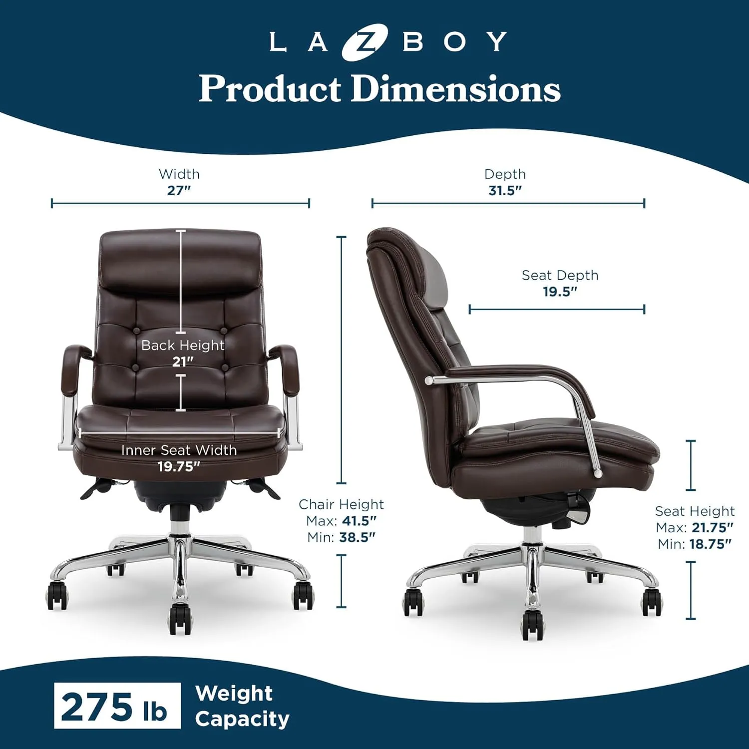 La-Z-Boy® Sonata Executive Mid-Back Office Chair, Button-Tufted Design, Double-Layer Cushion, Padded Armrests, Ergonomic Computer DeskChair, Swivel Metal Base, Bonded Leather, Dark Brown and Chrome