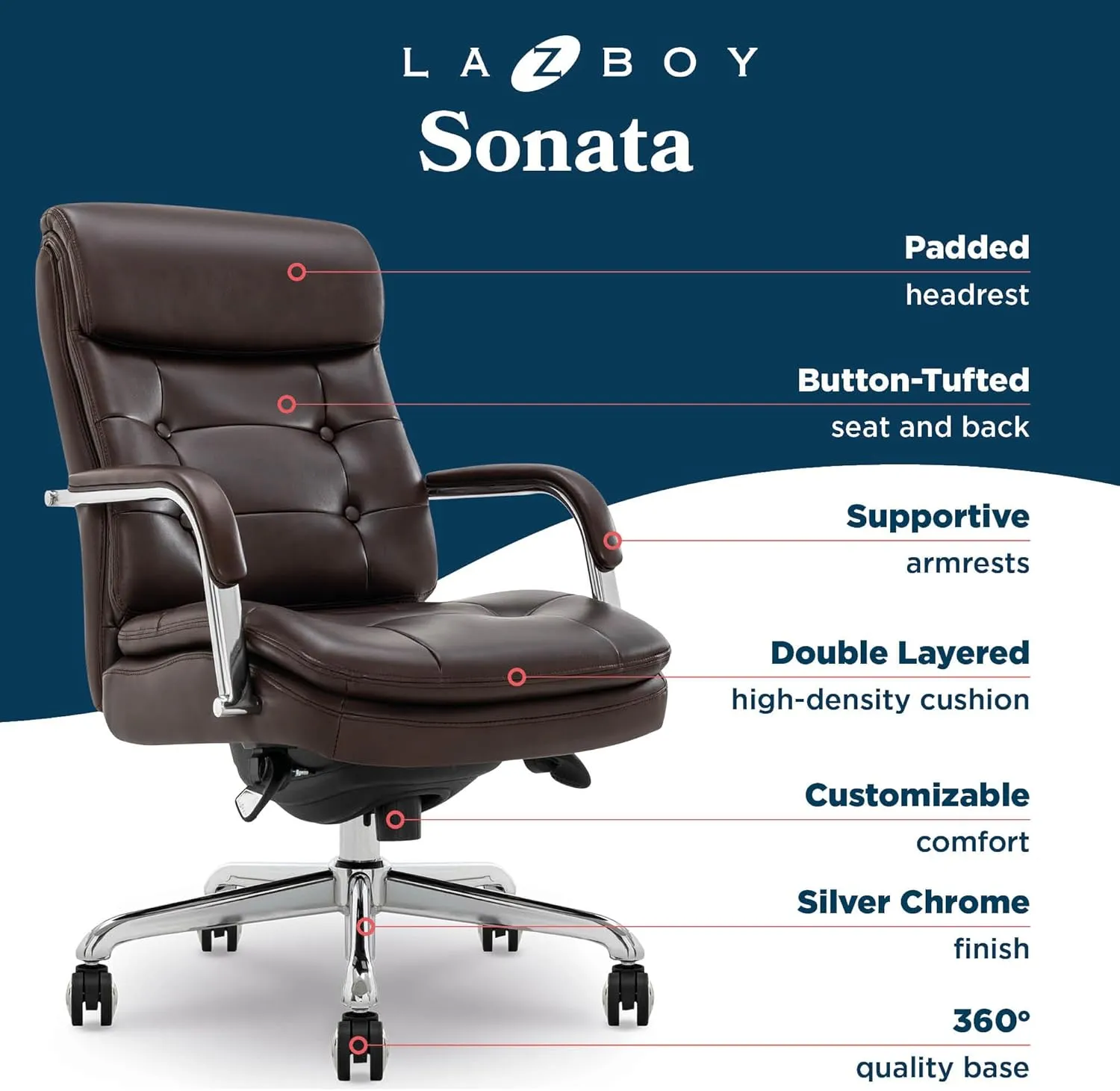 La-Z-Boy® Sonata Executive Mid-Back Office Chair, Button-Tufted Design, Double-Layer Cushion, Padded Armrests, Ergonomic Computer DeskChair, Swivel Metal Base, Bonded Leather, Dark Brown and Chrome