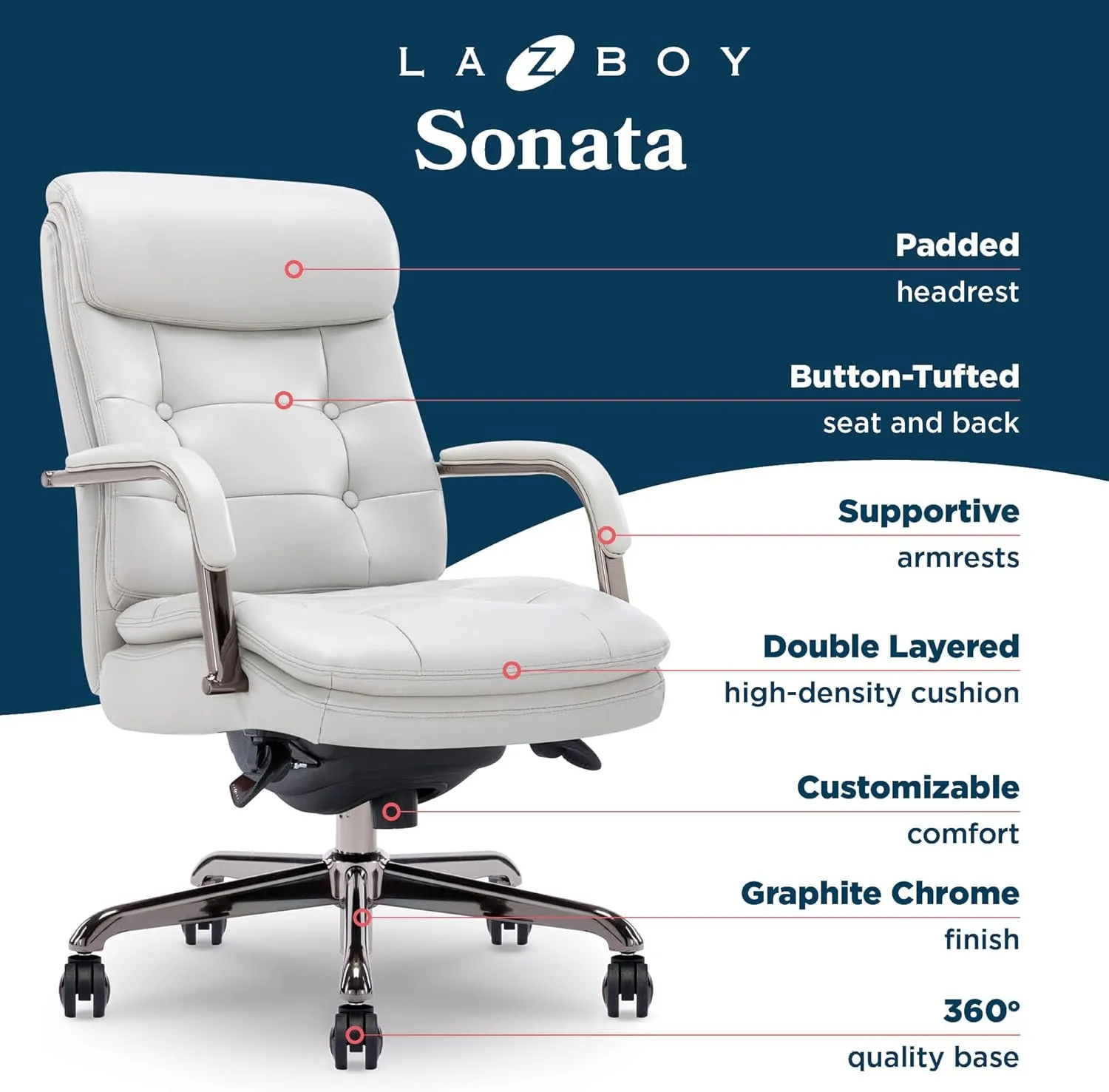 La-Z-Boy® Sonata Executive Mid-Back Office Chair, Button-Tufted Design, Double-Layer Cushion, Padded Armrests, Ergonomic Computer DeskChair, Swivel Metal Base, Bonded Leather, Gray and Graphite