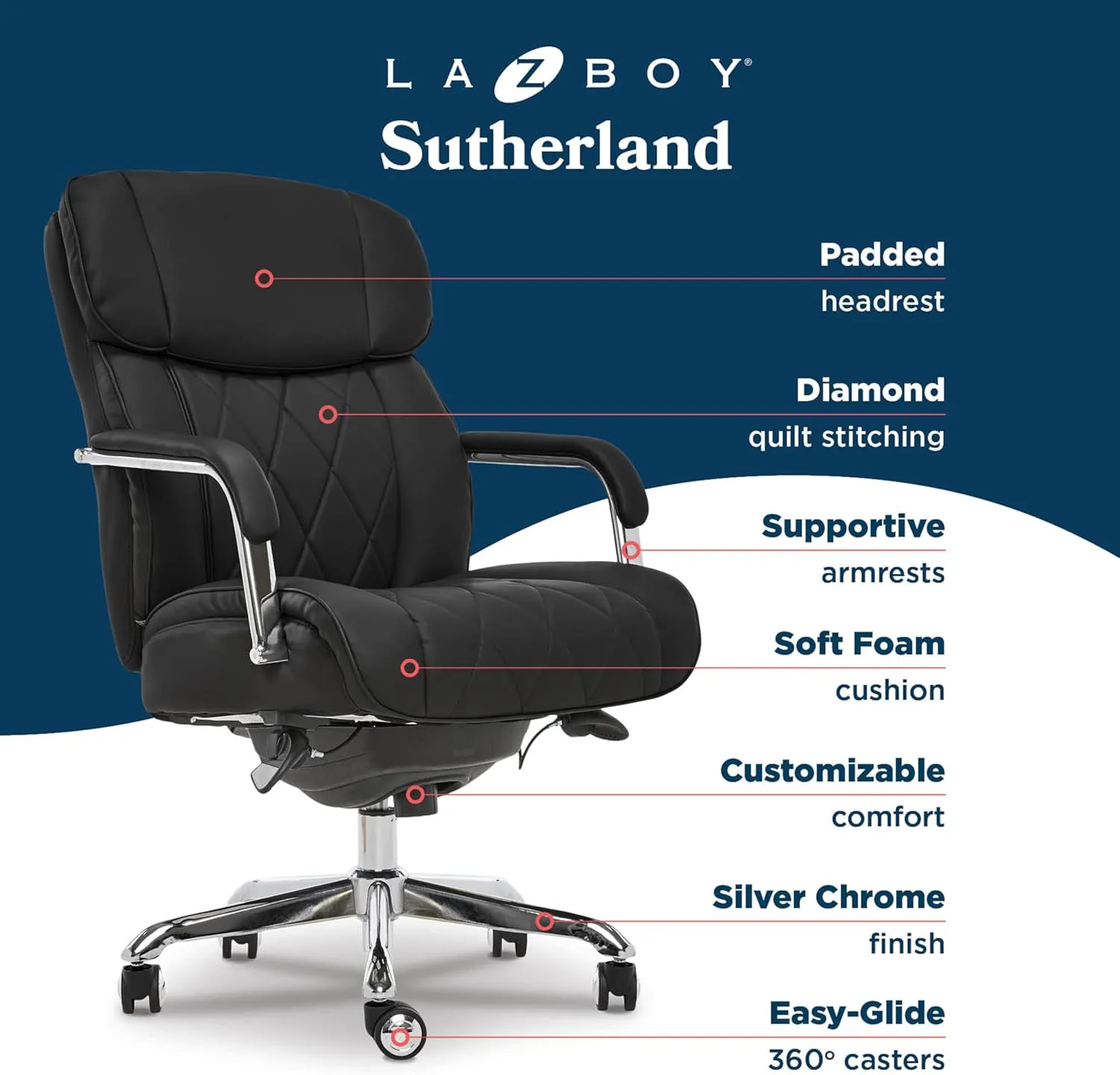 La-Z-Boy Sutherland Quilted Leather Executive Office Chair with Padded Arms, High Back Ergonomic Desk Chair with Lumbar Support, Black Bonded Leather