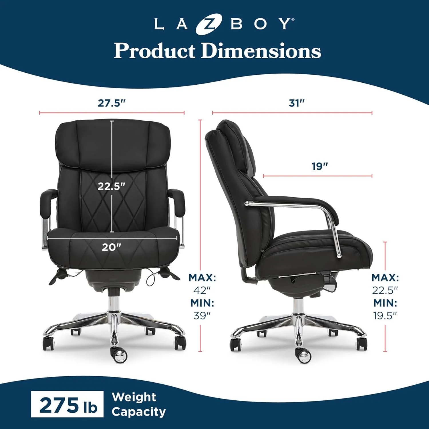 La-Z-Boy Sutherland Quilted Leather Executive Office Chair with Padded Arms, High Back Ergonomic Desk Chair with Lumbar Support, Black Bonded Leather