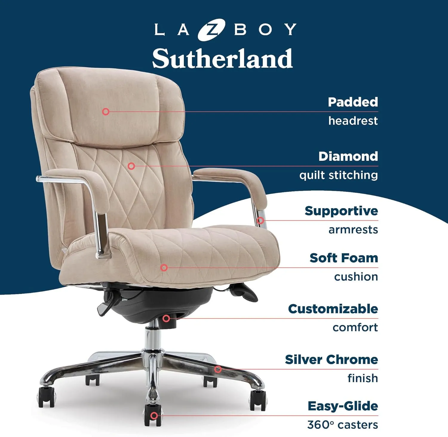 La-Z-Boy Sutherland Quilted Leather Executive Office Chair with Padded Arms, High Back Ergonomic Desk Chair with Lumbar Support, Cream Microfiber Fabric