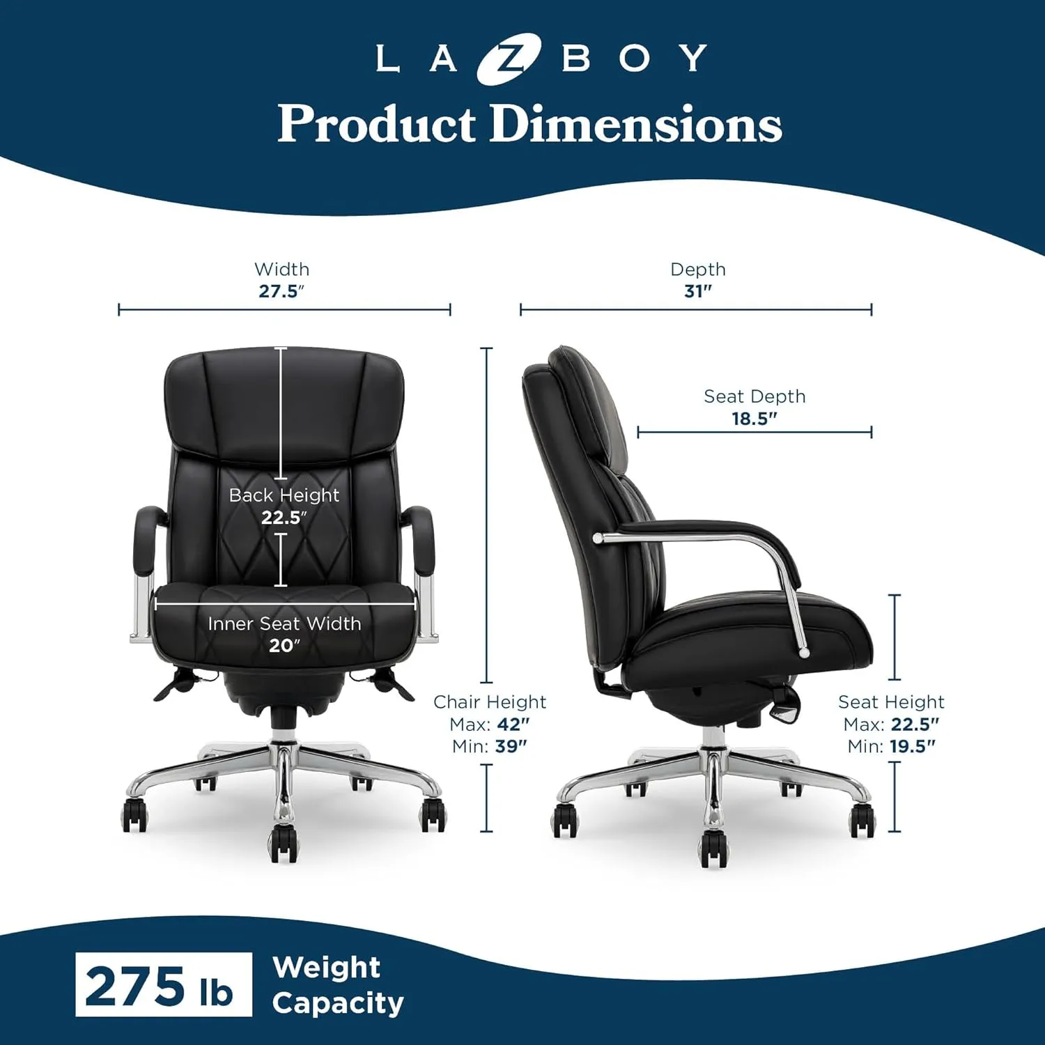 La-Z-Boy® Symphony Executive Mid-Back Office Chair, Diamond Quilt Design, Pocket Coil Cushion, Padded Armrests, Ergonomic Computer DeskChair, Swivel Metal Base, Bonded Leather, Black and Chrome