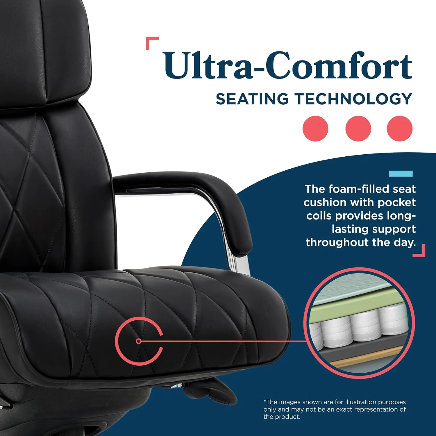 La-Z-Boy® Symphony Executive Mid-Back Office Chair, Diamond Quilt Design, Pocket Coil Cushion, Padded Armrests, Ergonomic Computer DeskChair, Swivel Metal Base, Bonded Leather, Black and Chrome