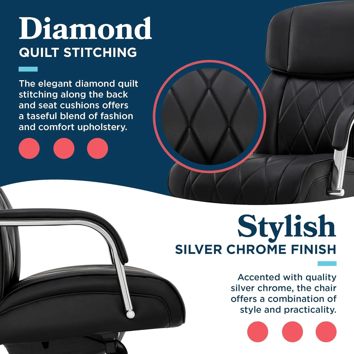La-Z-Boy® Symphony Executive Mid-Back Office Chair, Diamond Quilt Design, Pocket Coil Cushion, Padded Armrests, Ergonomic Computer DeskChair, Swivel Metal Base, Bonded Leather, Black and Chrome