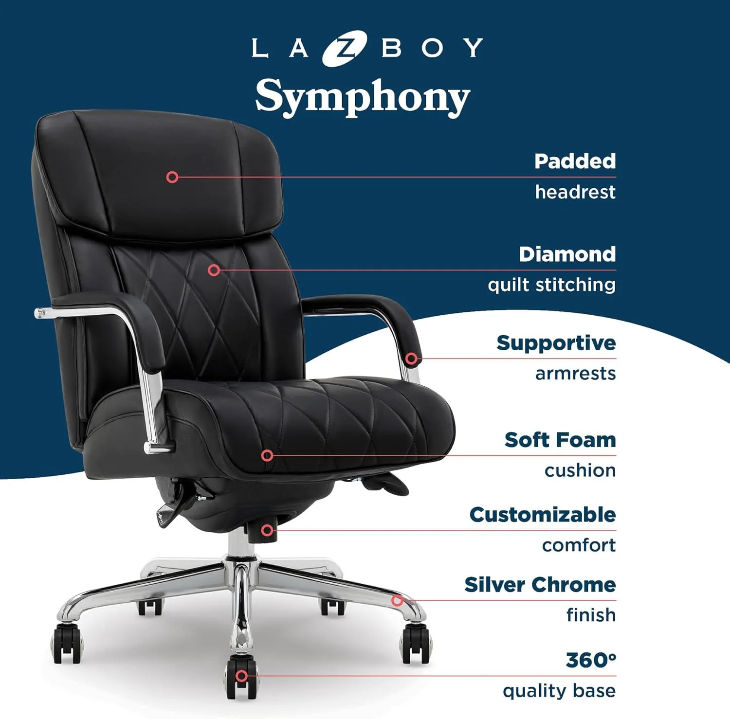La-Z-Boy® Symphony Executive Mid-Back Office Chair, Diamond Quilt Design, Pocket Coil Cushion, Padded Armrests, Ergonomic Computer DeskChair, Swivel Metal Base, Bonded Leather, Black and Chrome