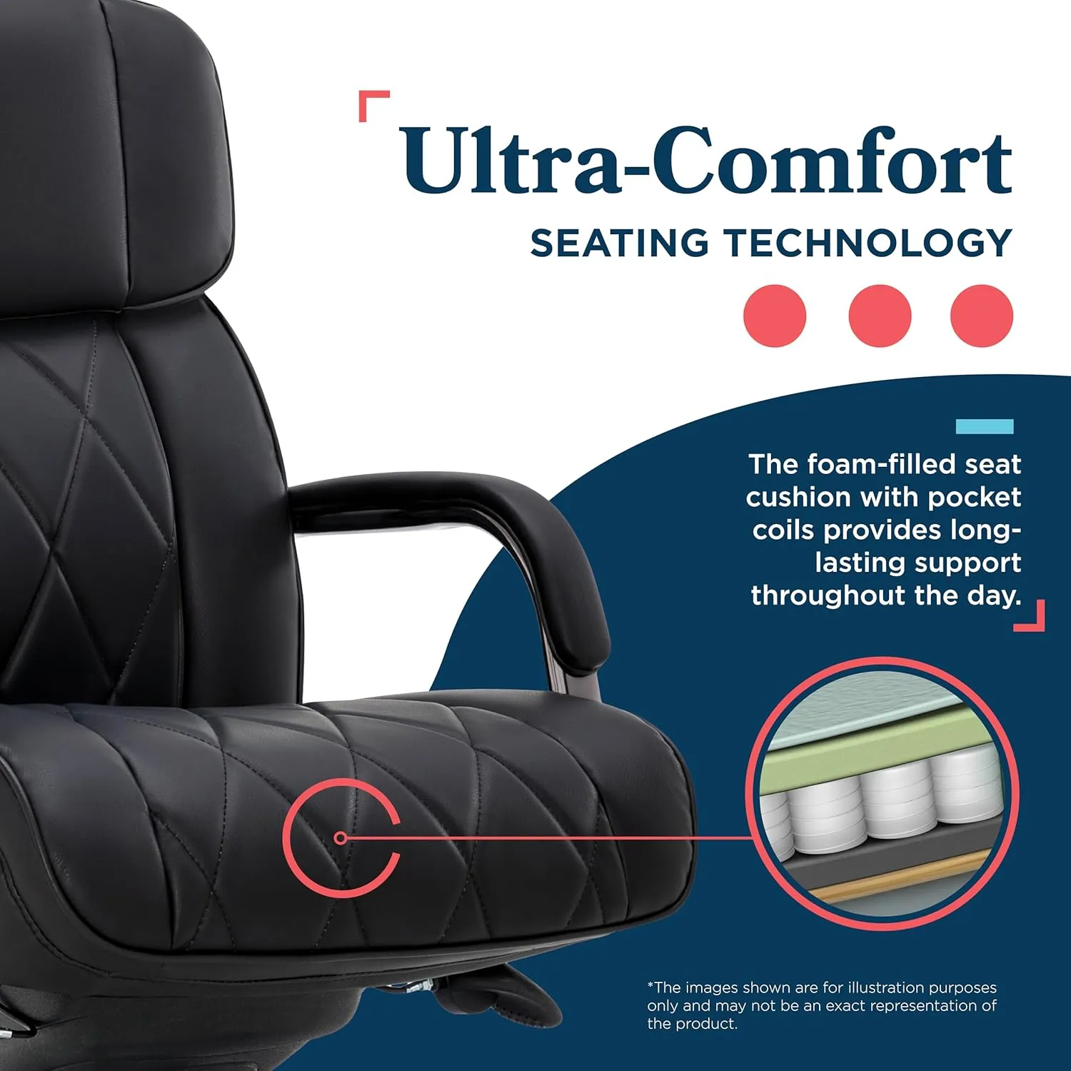 La-Z-Boy® Symphony Executive Mid-Back Office Chair, Diamond Quilt Design, Pocket Coil Cushion, Padded Armrests, Ergonomic Computer DeskChair, Swivel Metal Base, Bonded Leather, Black and Graphite