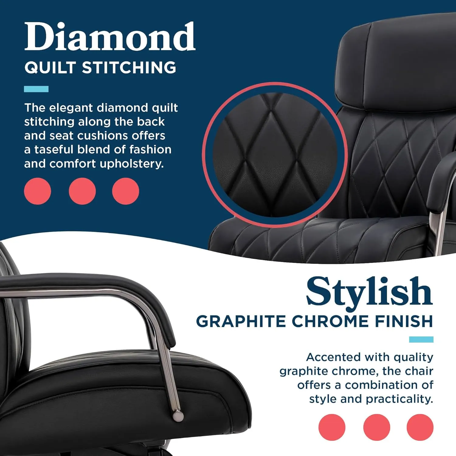 La-Z-Boy® Symphony Executive Mid-Back Office Chair, Diamond Quilt Design, Pocket Coil Cushion, Padded Armrests, Ergonomic Computer DeskChair, Swivel Metal Base, Bonded Leather, Black and Graphite