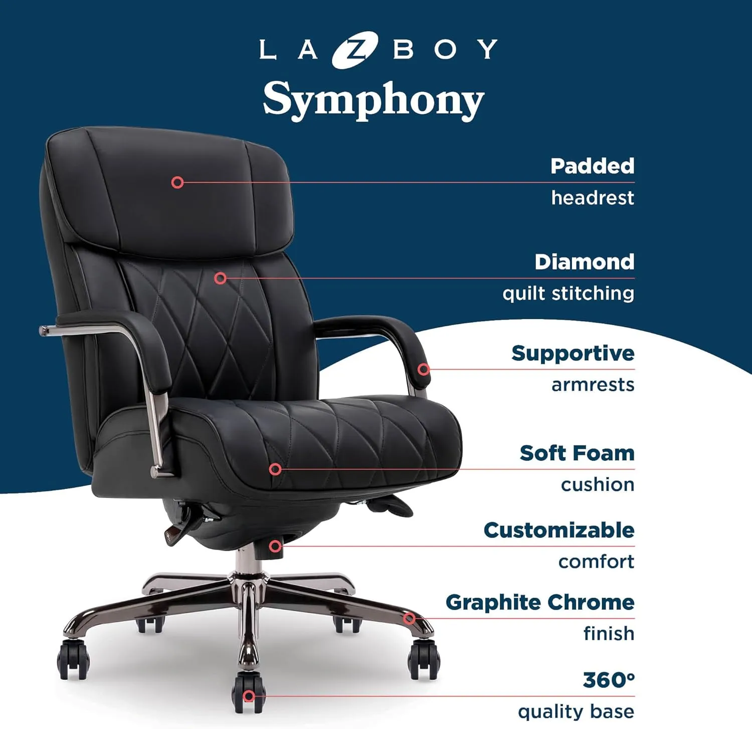 La-Z-Boy® Symphony Executive Mid-Back Office Chair, Diamond Quilt Design, Pocket Coil Cushion, Padded Armrests, Ergonomic Computer DeskChair, Swivel Metal Base, Bonded Leather, Black and Graphite