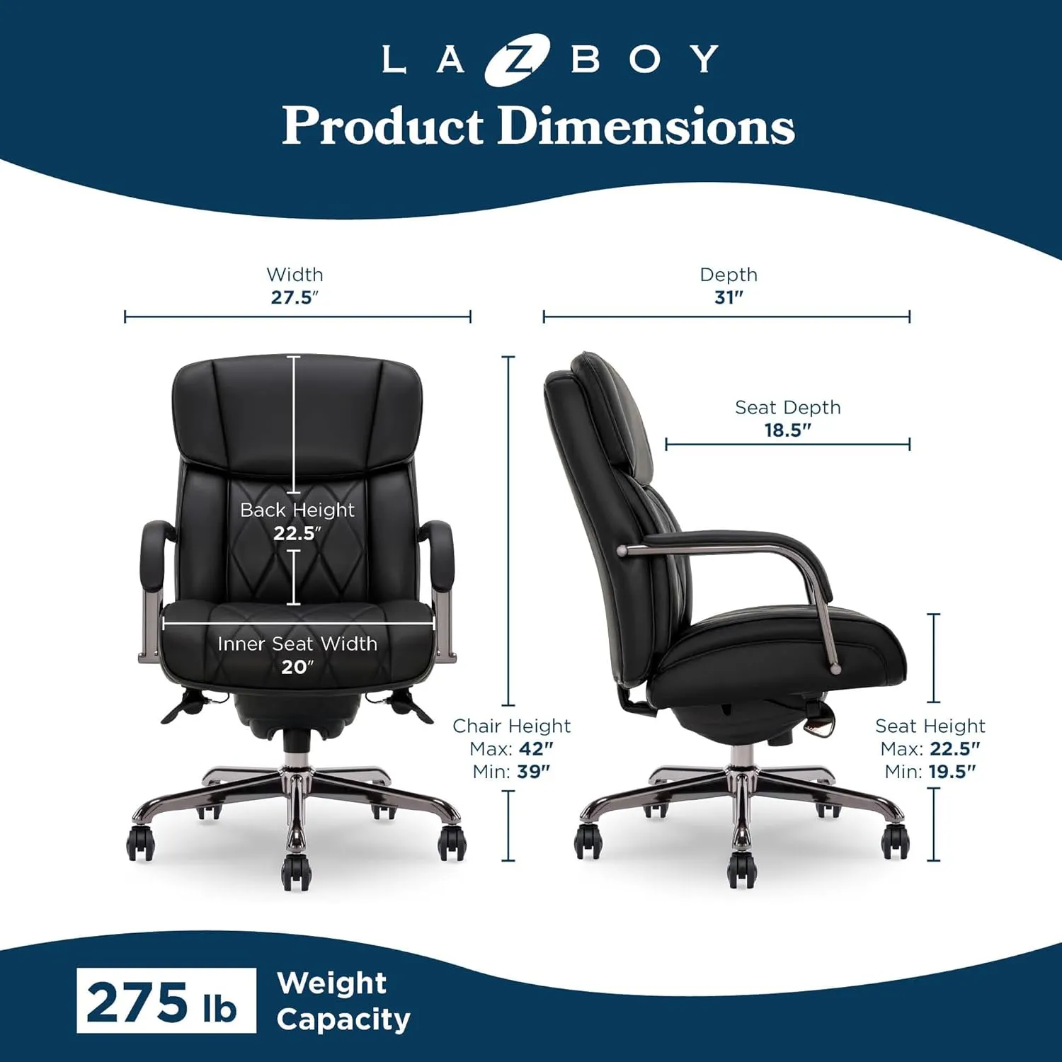 La-Z-Boy® Symphony Executive Mid-Back Office Chair, Diamond Quilt Design, Pocket Coil Cushion, Padded Armrests, Ergonomic Computer DeskChair, Swivel Metal Base, Bonded Leather, Black and Graphite