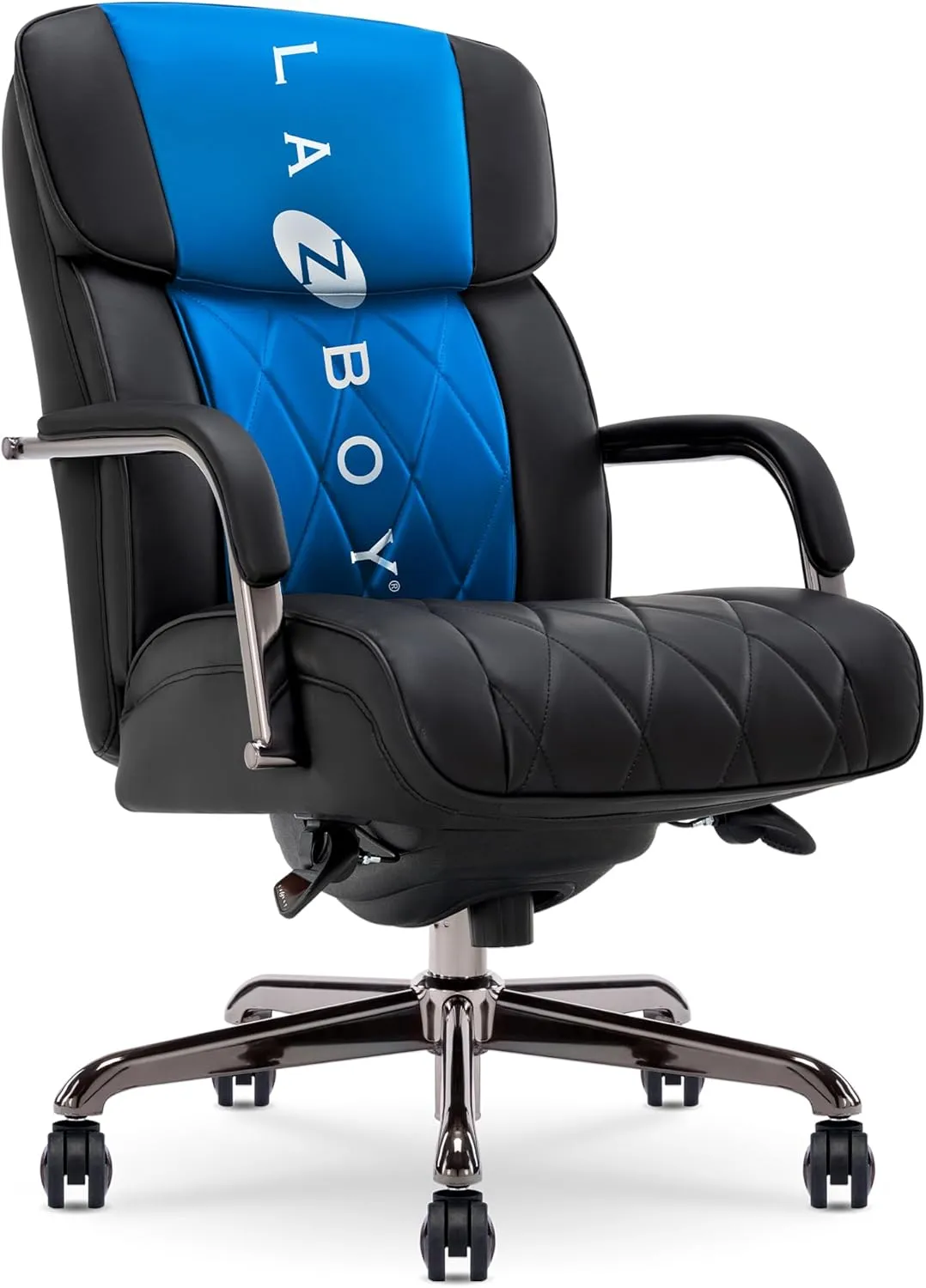 La-Z-Boy® Symphony Executive Mid-Back Office Chair, Diamond Quilt Design, Pocket Coil Cushion, Padded Armrests, Ergonomic Computer DeskChair, Swivel Metal Base, Bonded Leather, Black and Graphite