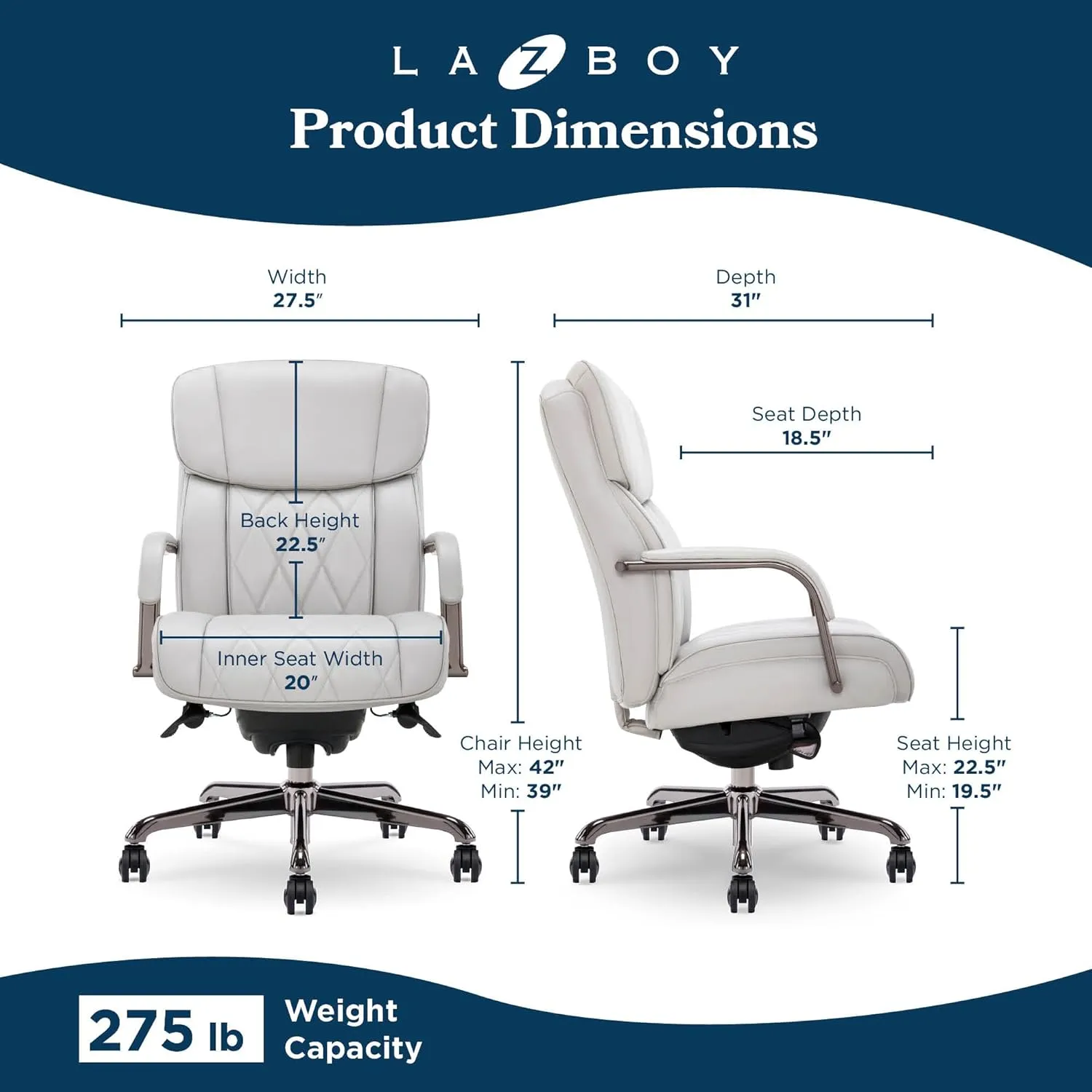 La-Z-Boy® Symphony Executive Mid-Back Office Chair, Diamond Quilt Design, Pocket Coil Cushion, Padded Armrests, Ergonomic Computer DeskChair, Swivel Metal Base, Bonded Leather, Gray and Graphite