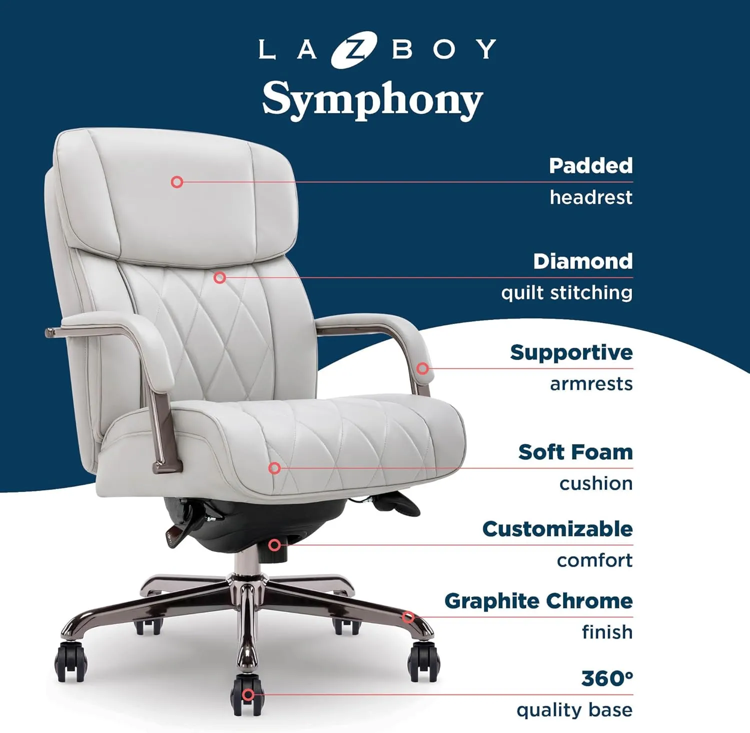 La-Z-Boy® Symphony Executive Mid-Back Office Chair, Diamond Quilt Design, Pocket Coil Cushion, Padded Armrests, Ergonomic Computer DeskChair, Swivel Metal Base, Bonded Leather, Gray and Graphite