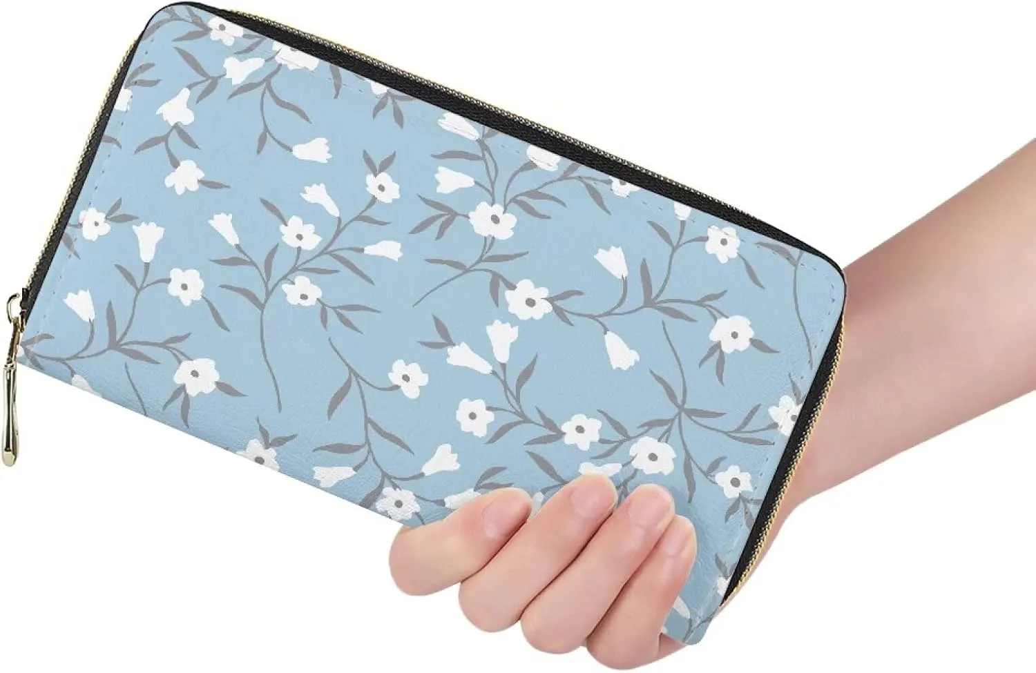 Ladies Long Purse Travel Essentials Organizer Slim Zipper Purse Floral Pattern Tulip Blue Print