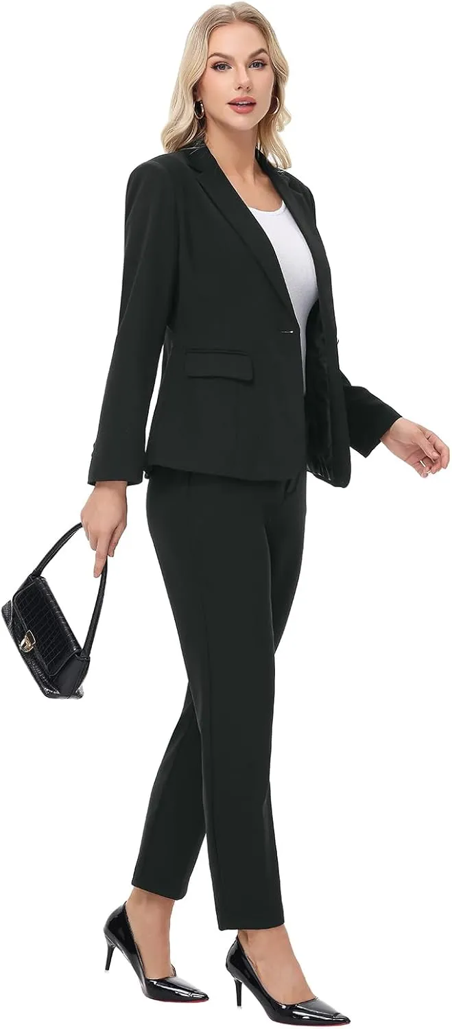 Lamgool Women's Suit Set 2 Piece Business Office Notch Lapel One Button Blazer and Pant Suit for Work