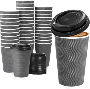 Lamosi 50 Pack - 16 oz Insulated Disposable Coffee Cups with Lids, To Go Paper Coffee Cups with Lids, Corrugated Ripple Wall Cup for Hot Drink, Office, Coffee Bar (Grey)