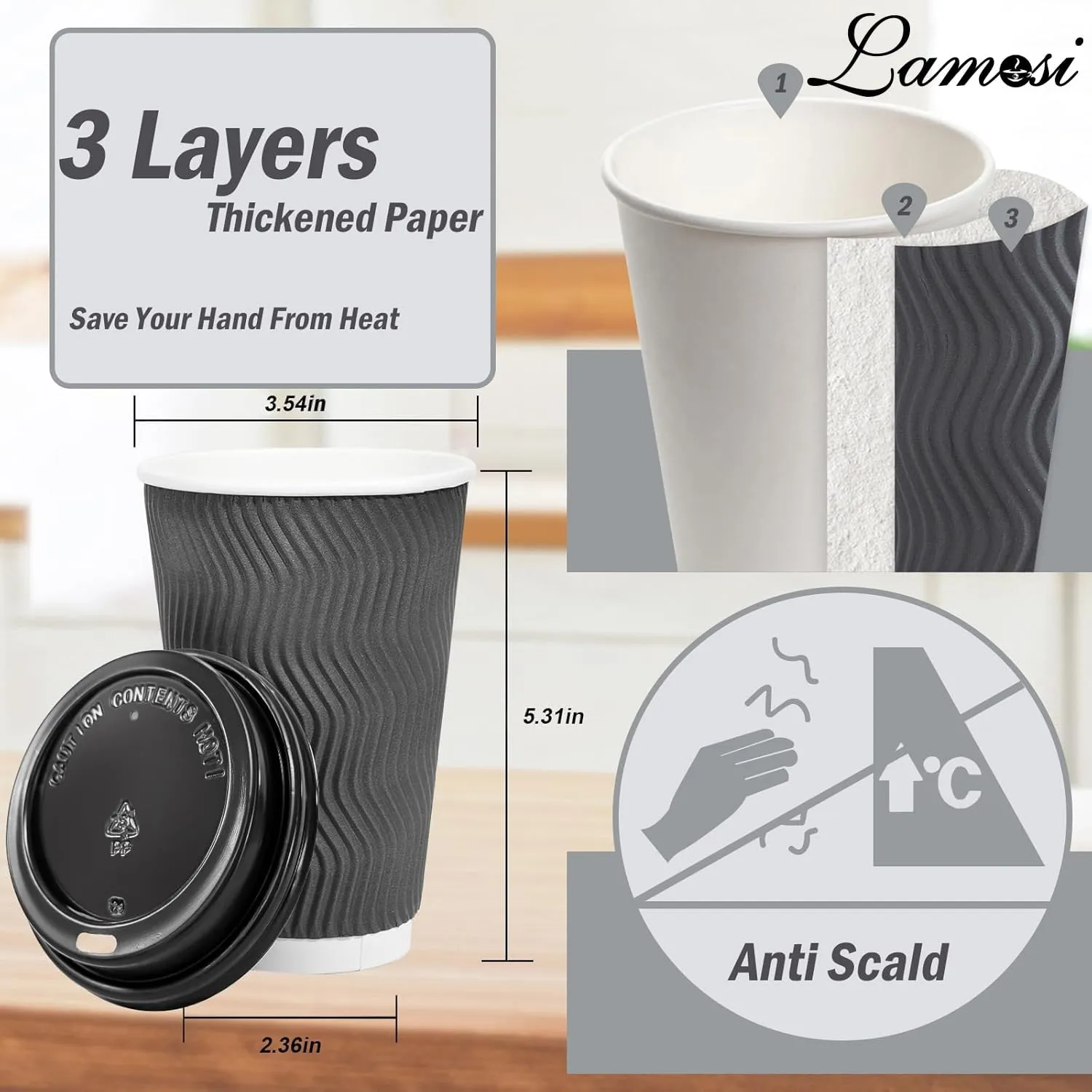 Lamosi 50 Pack - 16 oz Insulated Disposable Coffee Cups with Lids, To Go Paper Coffee Cups with Lids, Corrugated Ripple Wall Cup for Hot Drink, Office, Coffee Bar (Grey)