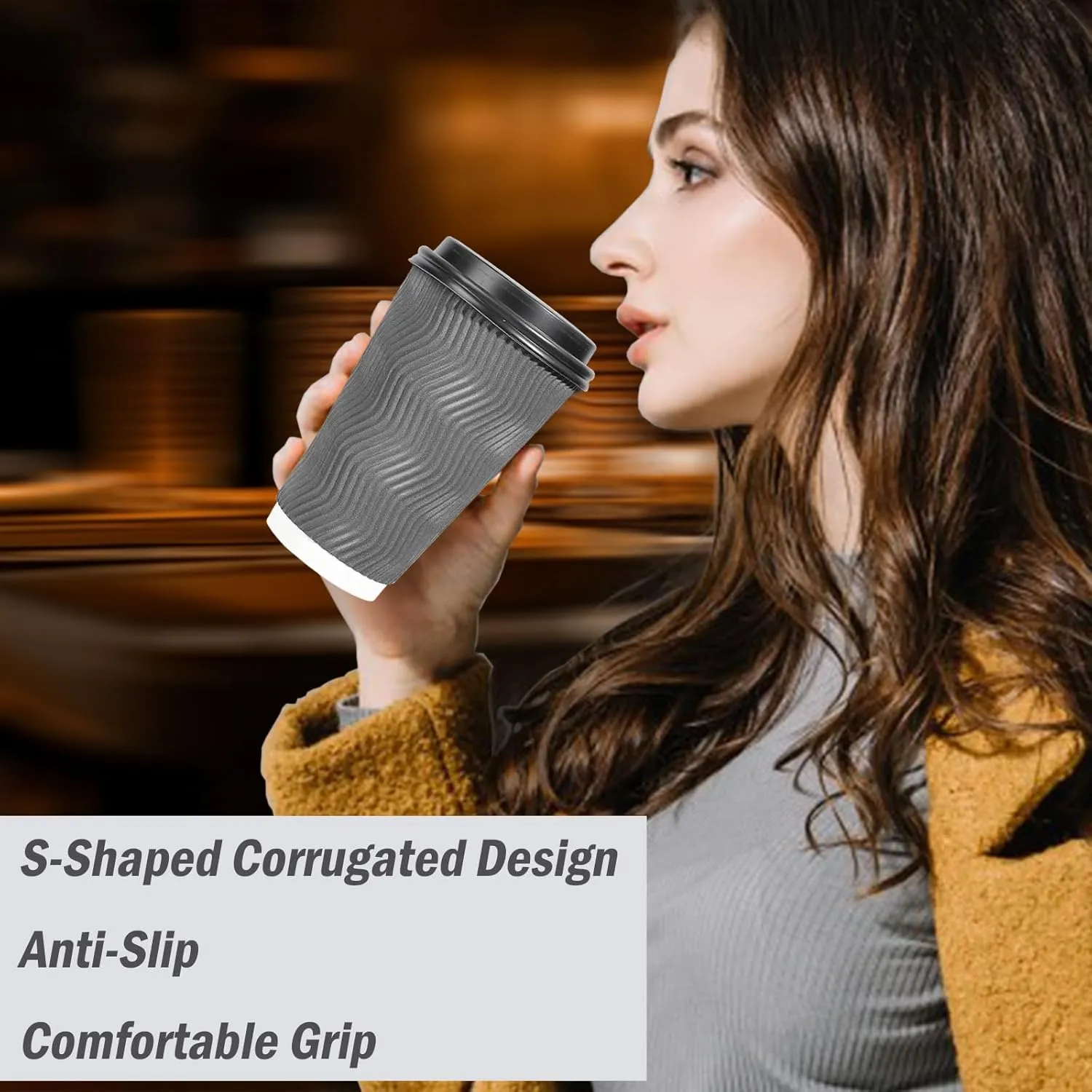 Lamosi 50 Pack - 16 oz Insulated Disposable Coffee Cups with Lids, To Go Paper Coffee Cups with Lids, Corrugated Ripple Wall Cup for Hot Drink, Office, Coffee Bar (Grey)