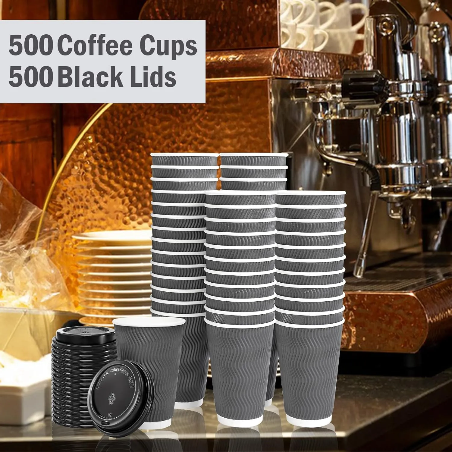 Lamosi 50 Pack - 16 oz Insulated Disposable Coffee Cups with Lids, To Go Paper Coffee Cups with Lids, Corrugated Ripple Wall Cup for Hot Drink, Office, Coffee Bar (Grey)