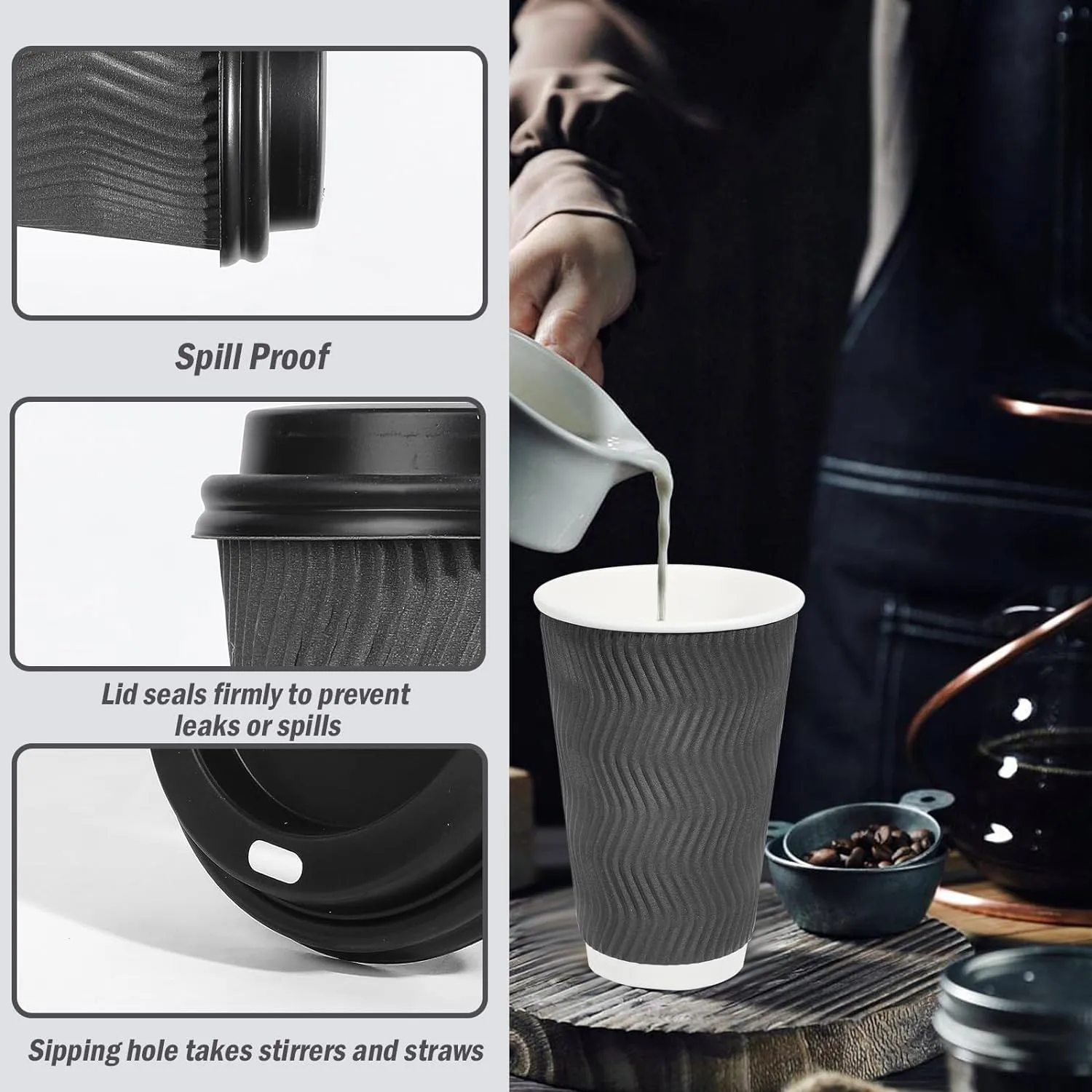 Lamosi 50 Pack - 16 oz Insulated Disposable Coffee Cups with Lids, To Go Paper Coffee Cups with Lids, Corrugated Ripple Wall Cup for Hot Drink, Office, Coffee Bar (Grey)