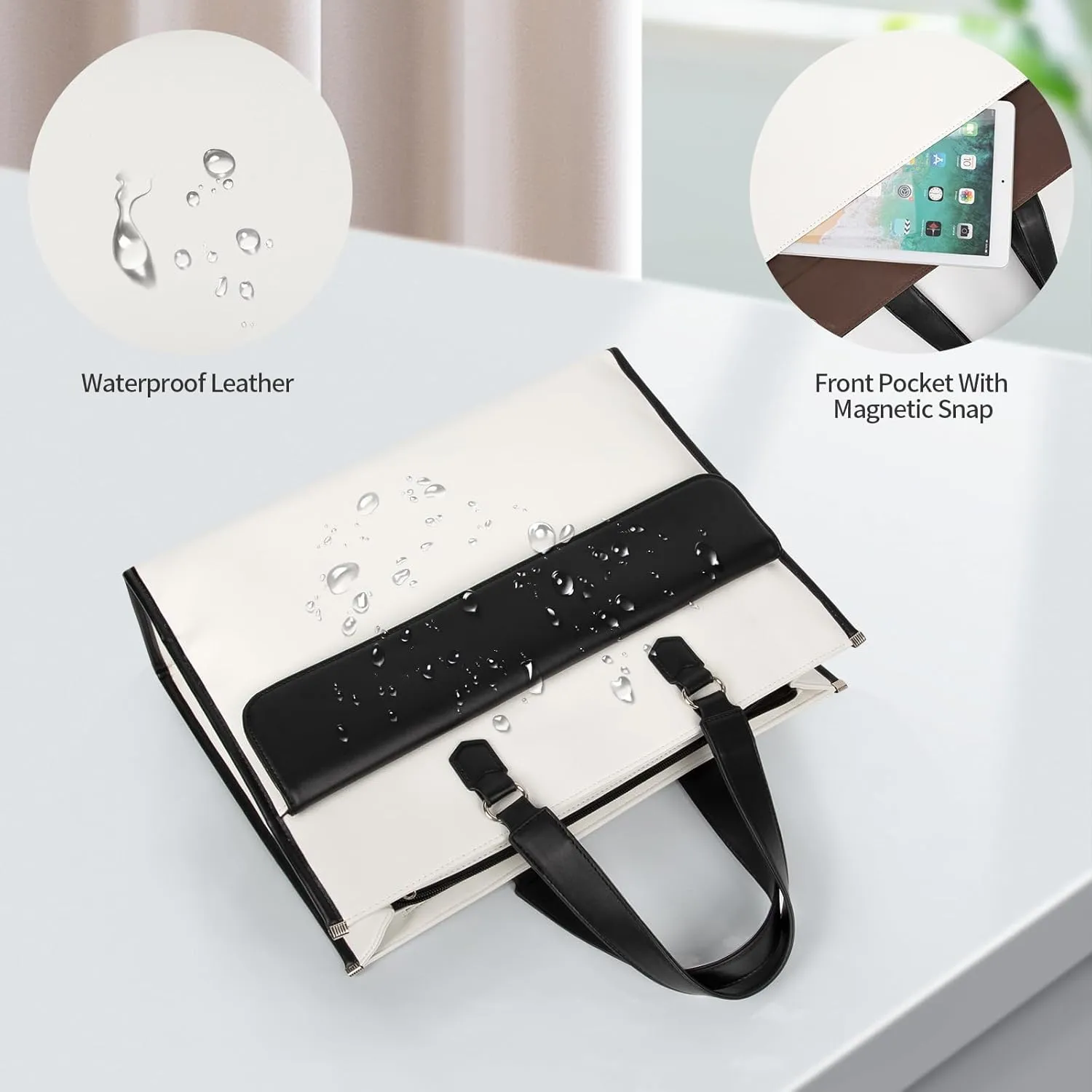 Laptop Bag for Women, Laptop Tote Bag 17 Inch, Waterproof Leather Computer Tote with USB Charging Port, Women Briefcase Business Office Work Handbag White