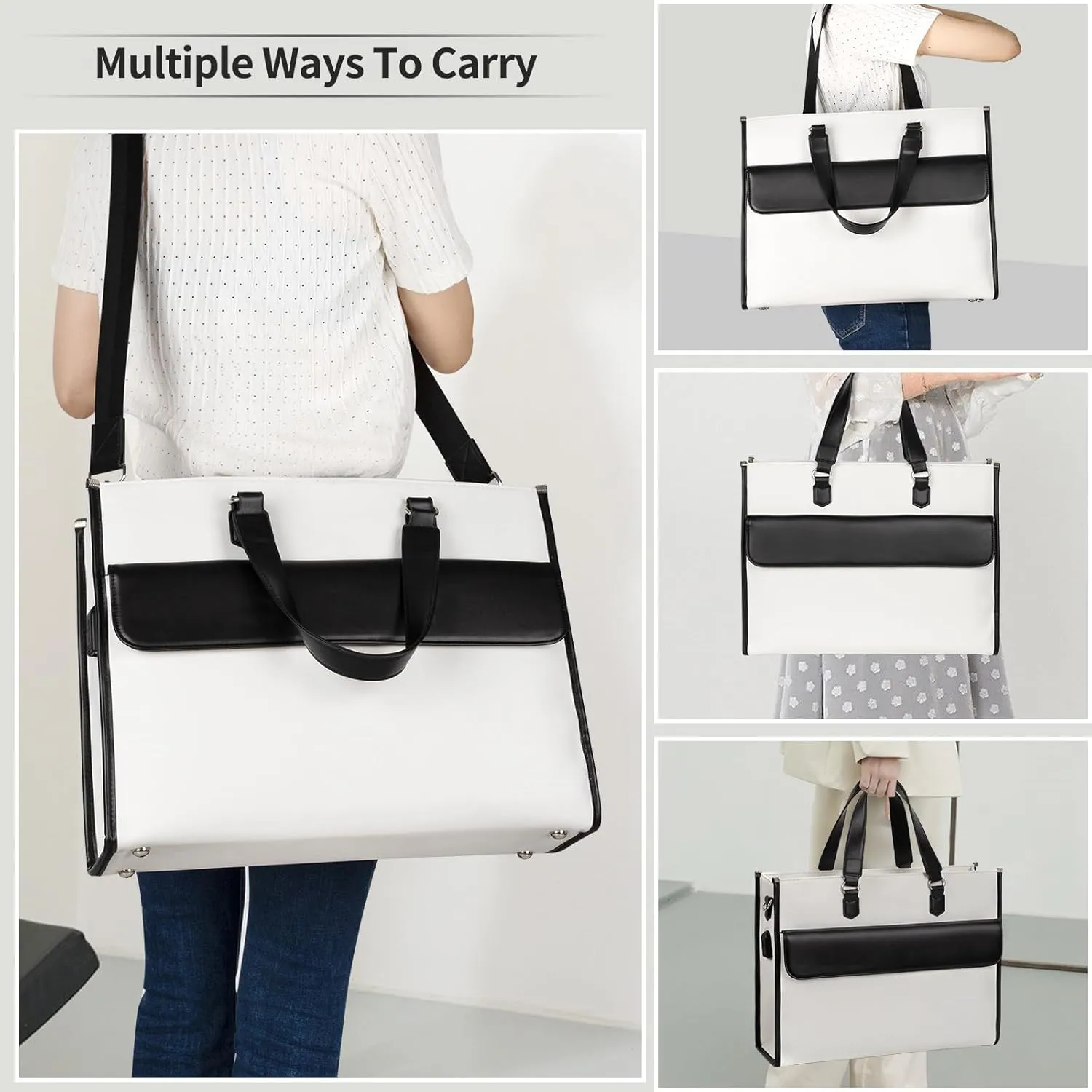 Laptop Bag for Women, Laptop Tote Bag 17 Inch, Waterproof Leather Computer Tote with USB Charging Port, Women Briefcase Business Office Work Handbag White
