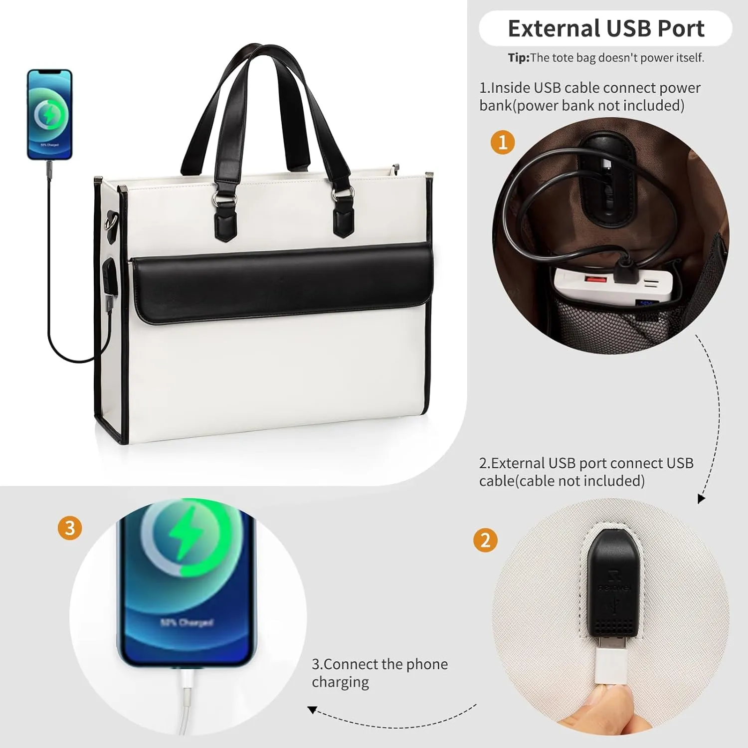 Laptop Bag for Women, Laptop Tote Bag 17 Inch, Waterproof Leather Computer Tote with USB Charging Port, Women Briefcase Business Office Work Handbag White
