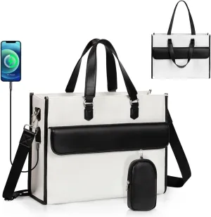 Laptop Bag for Women, Laptop Tote Bag 17 Inch, Waterproof Leather Computer Tote with USB Charging Port, Women Briefcase Business Office Work Handbag White