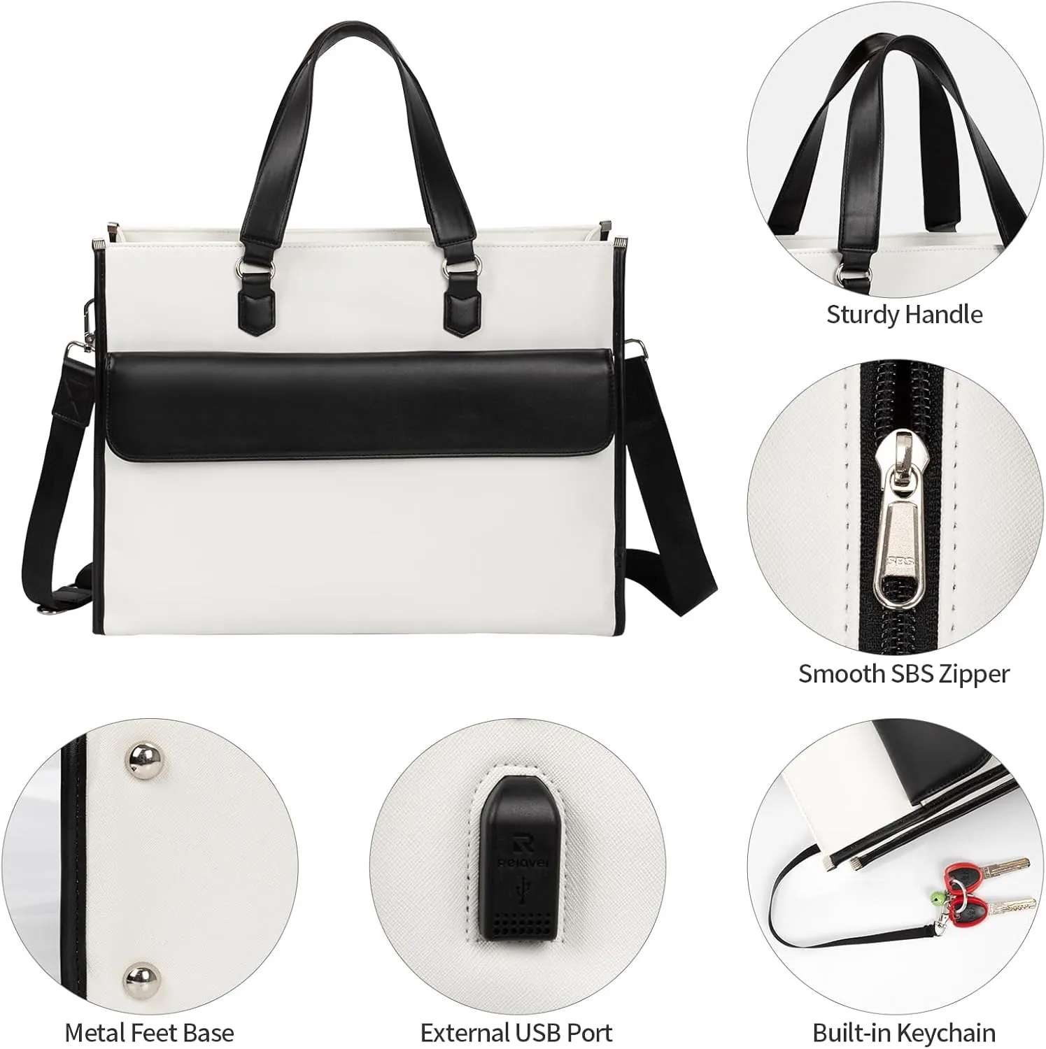 Laptop Bag for Women, Laptop Tote Bag 17 Inch, Waterproof Leather Computer Tote with USB Charging Port, Women Briefcase Business Office Work Handbag White